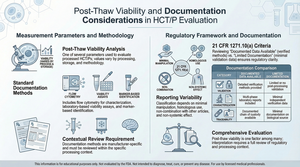 Educational diagram illustrating post-thaw viability analysis, documentation methods, and regulatory evaluation criteria under 21 CFR Part 1271 including minimal manipulation, homologous use, and donor eligibility considerations