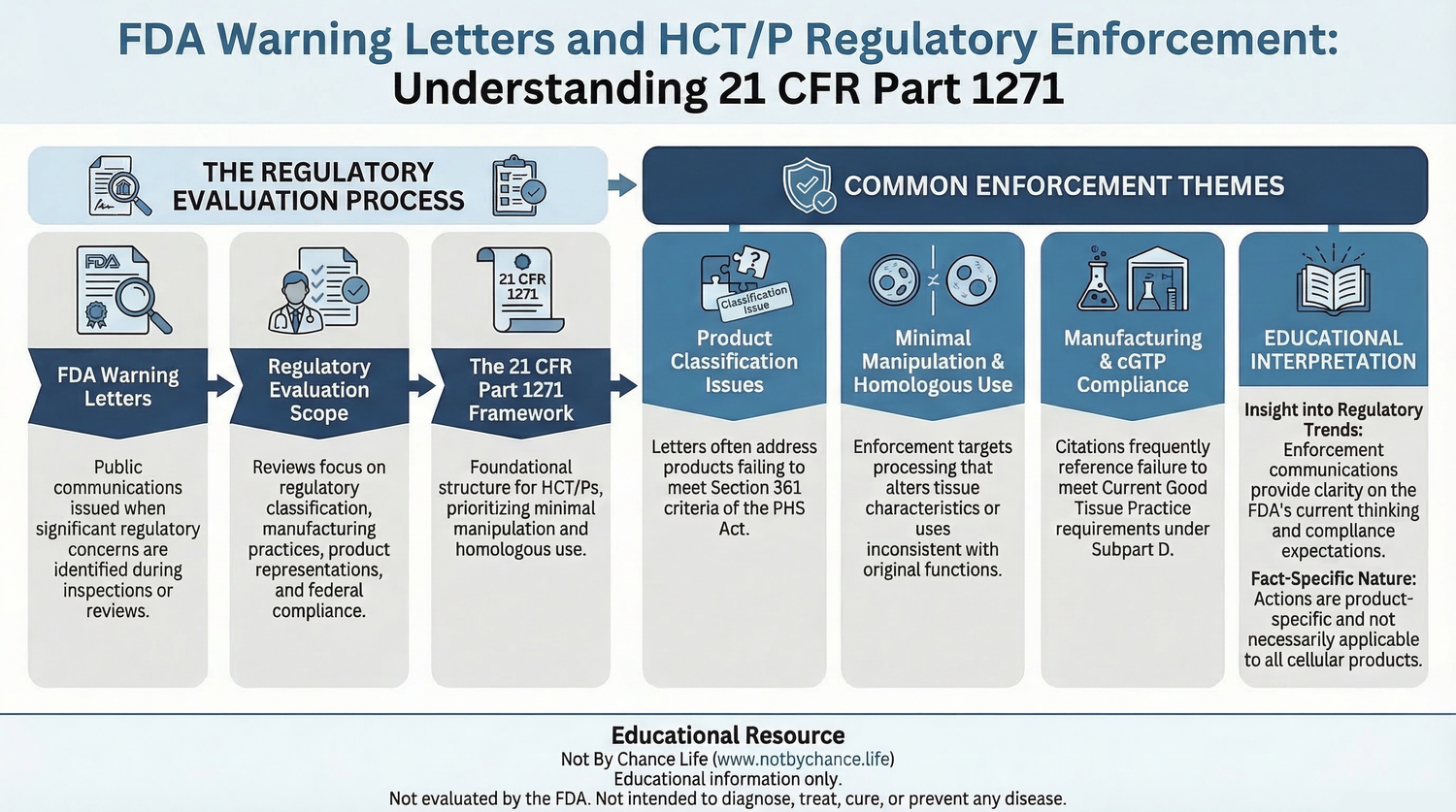 Educational infographic explaining FDA warning letters and regulatory enforcement themes involving Human Cells, Tissues, and Cellular and Tissue-Based Products under 21 CFR Part 1271