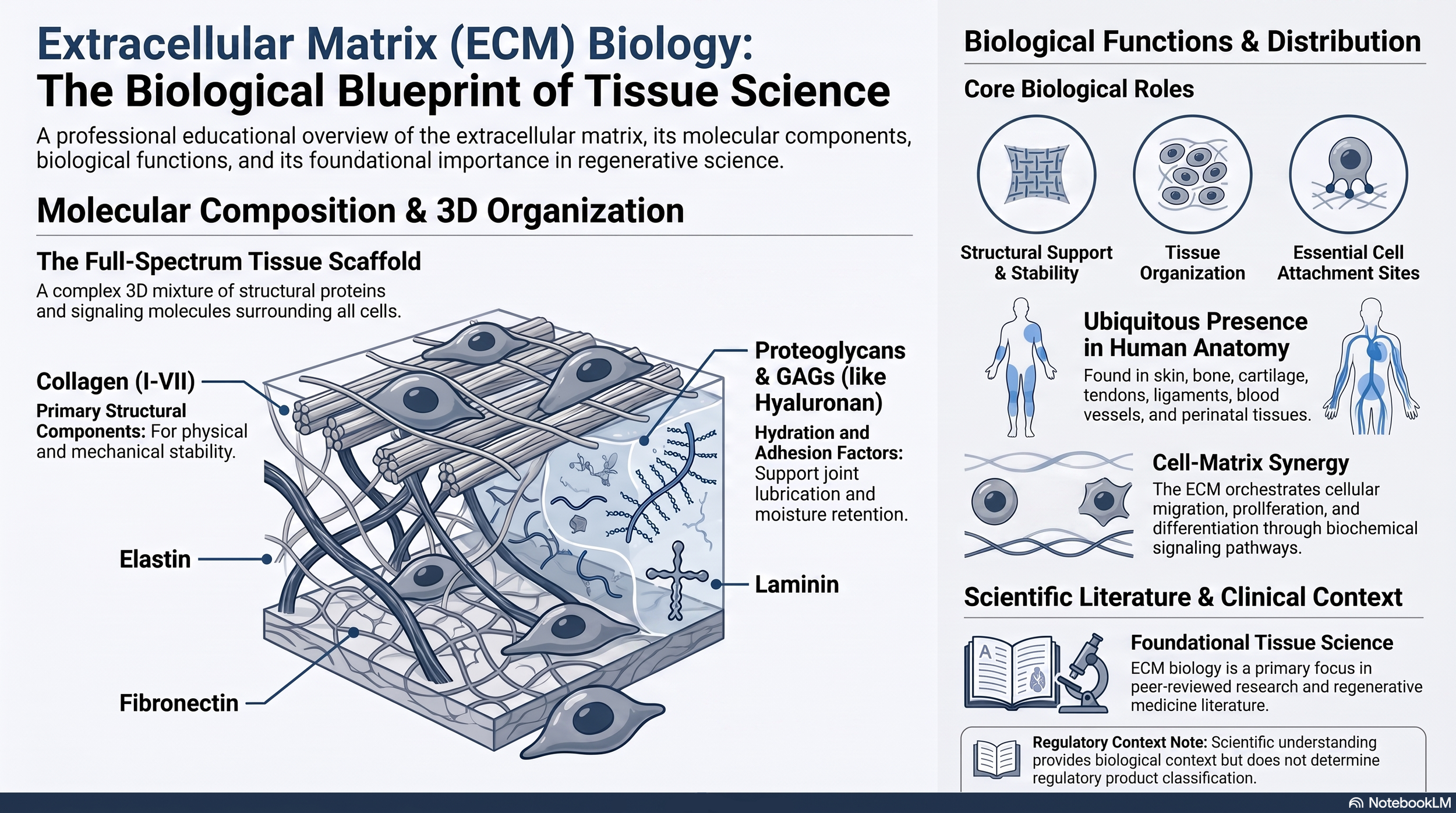 Educational infographic illustrating extracellular matrix biology, including collagen, elastin, laminin, fibronectin, proteoglycans, glycosaminoglycans, tissue organization, biological functions, and scientific context.