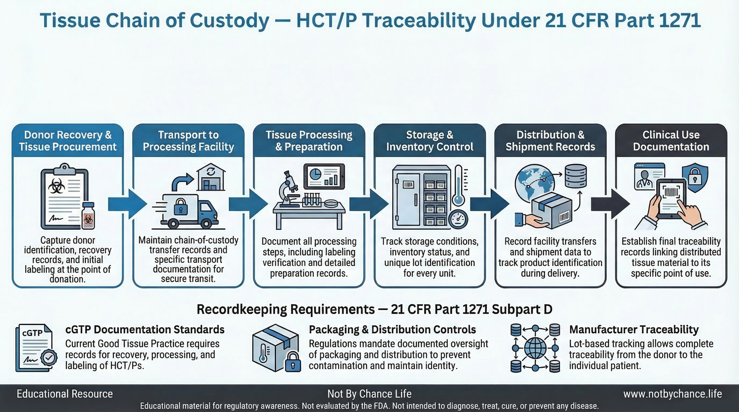 Infographic illustrating tissue chain-of-custody documentation and traceability stages for Human Cells, Tissues, and Cellular and Tissue-Based Products (HCT/Ps) under 21 CFR Part 1271, including donor recovery, processing, storage, distribution, and final documentation.