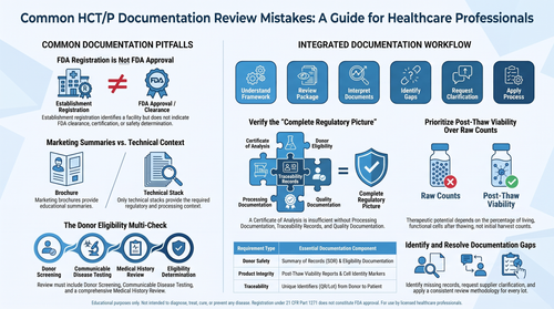 Educational HCT/P Documentation Review Guide illustrating the relationship between FDA regulatory concepts, supplier documentation, donor eligibility, Certificates of Analysis, documentation transparency, and structured HCT/P documentation evaluation.