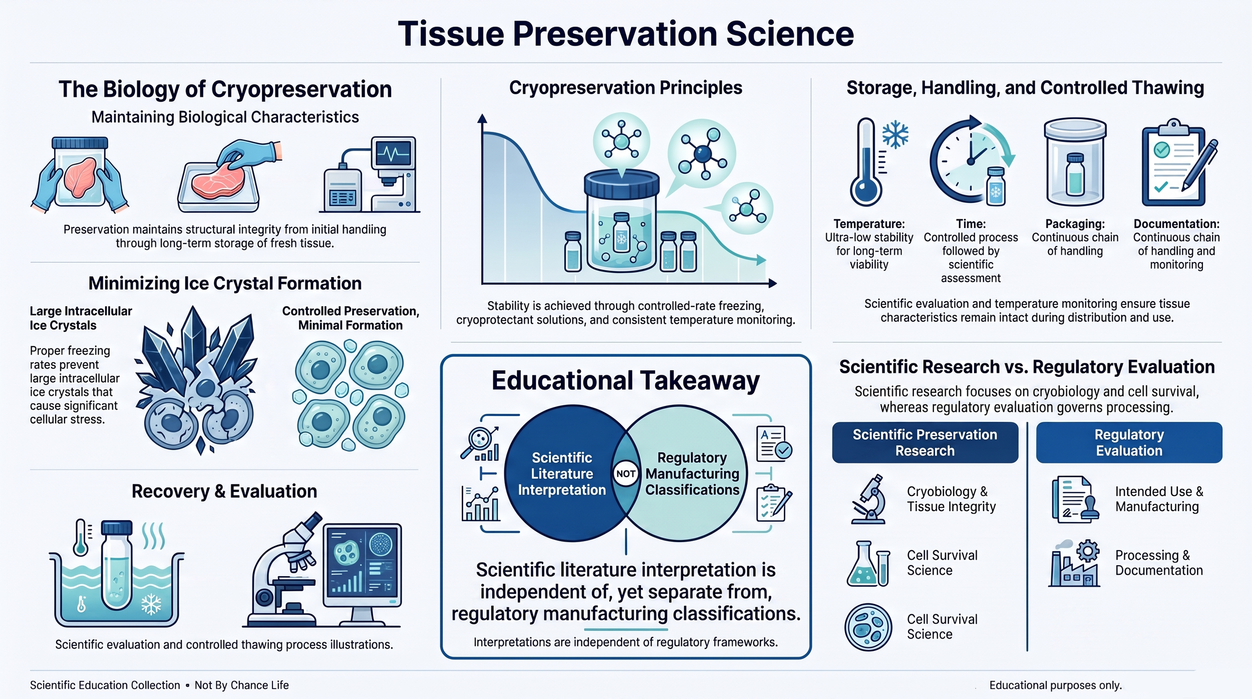 Educational infographic illustrating tissue preservation science, cryopreservation principles, storage biology, controlled thawing, tissue integrity, and the distinction between preservation science and regulatory evaluation.