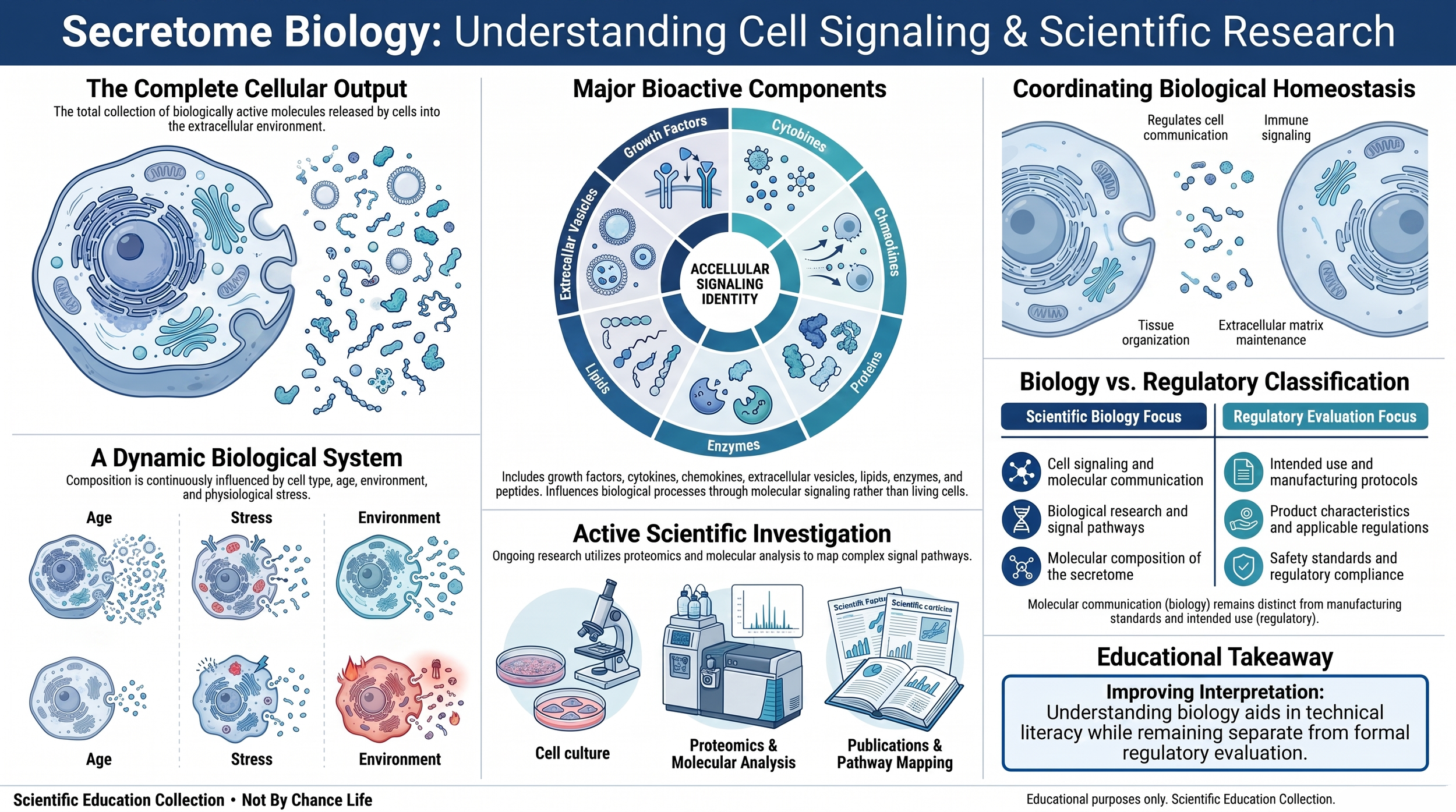 Educational infographic illustrating secretome biology, bioactive components, cell signaling, scientific investigation, and the distinction between biology and regulatory classification.