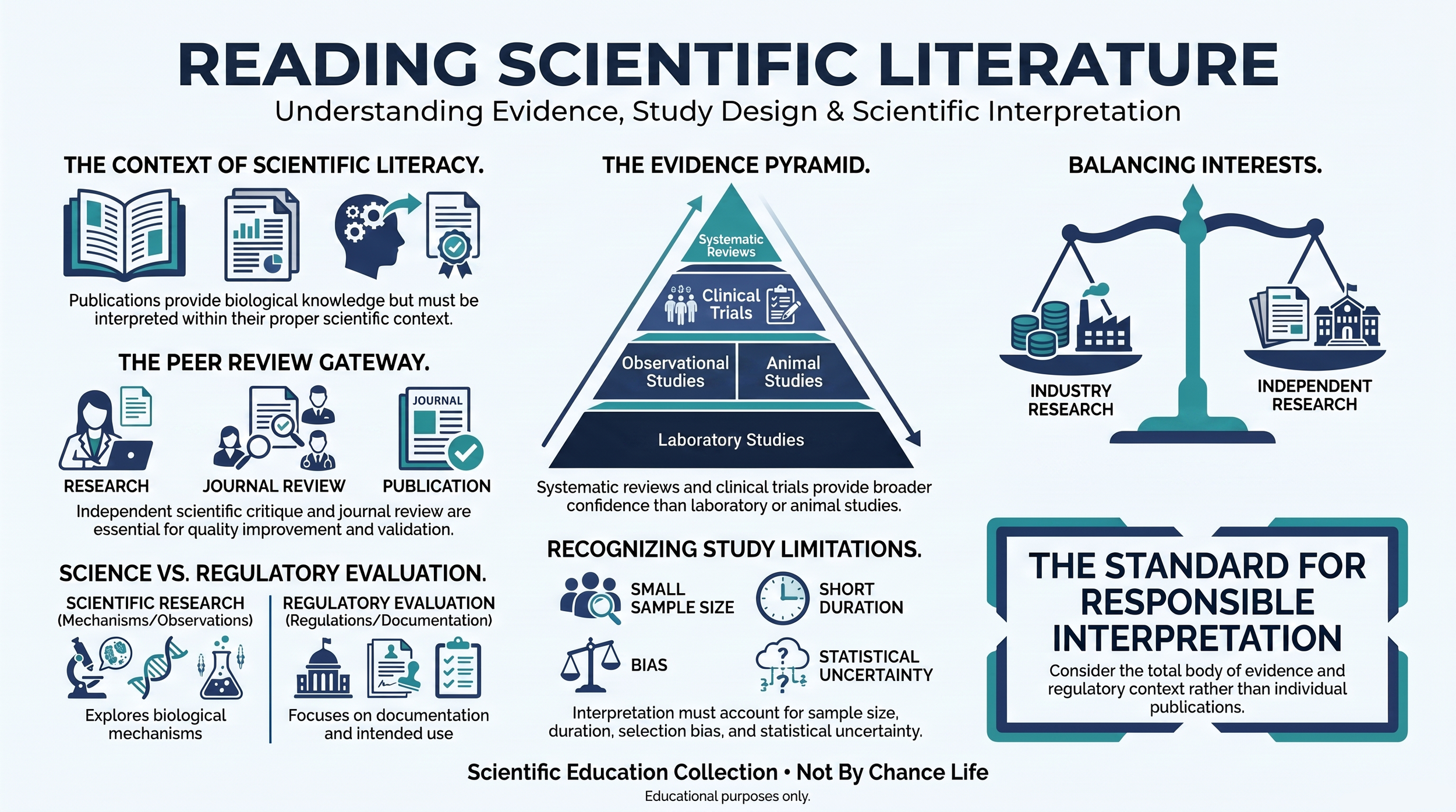 Educational infographic illustrating scientific literacy, evidence hierarchy, peer review, study limitations, responsible interpretation, and the distinction between scientific research and regulatory evaluation.