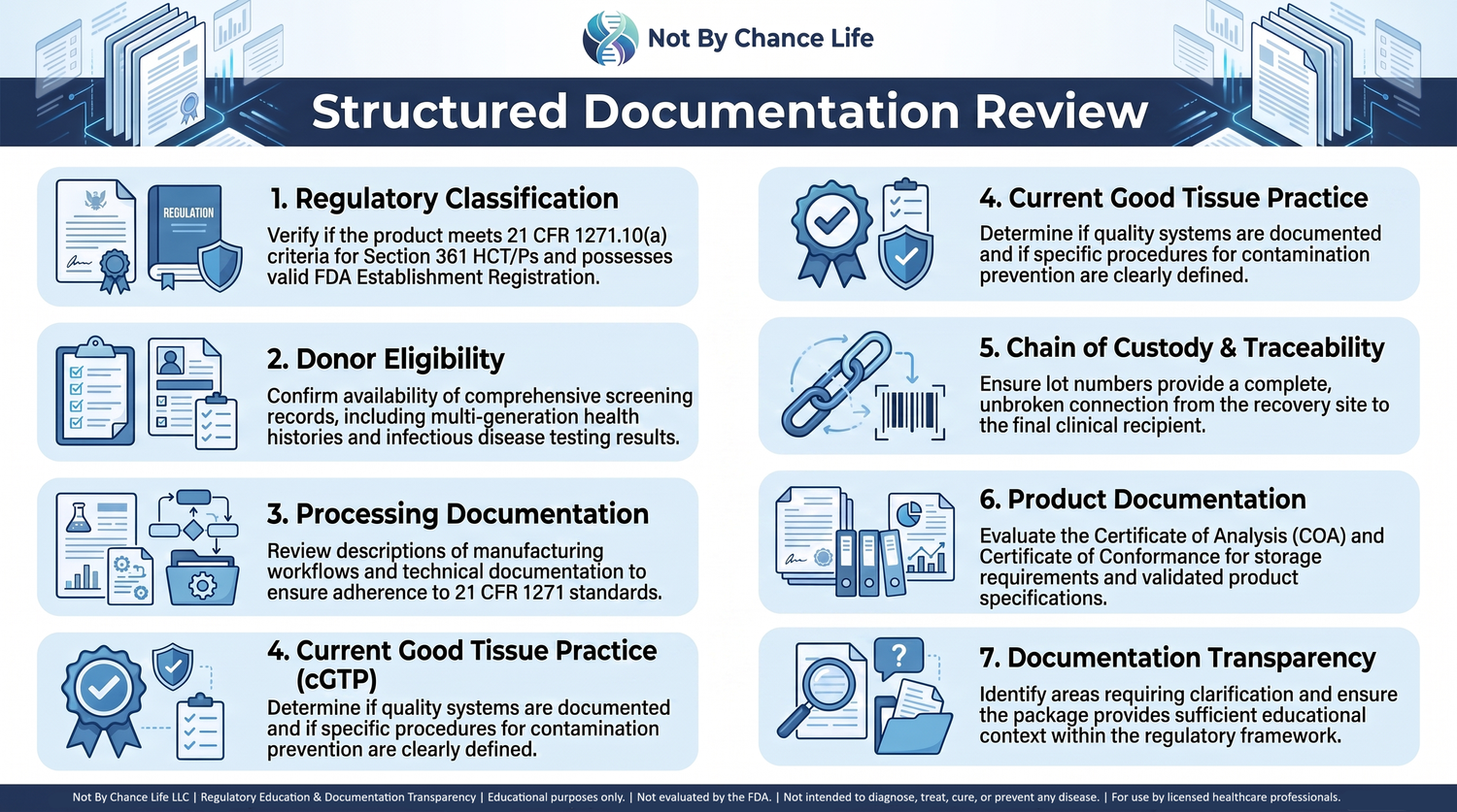 Educational infographic illustrating the structured documentation review process and key questions healthcare professionals may ask when evaluating HCT/P supplier documentation under 21 CFR Part 1271.
