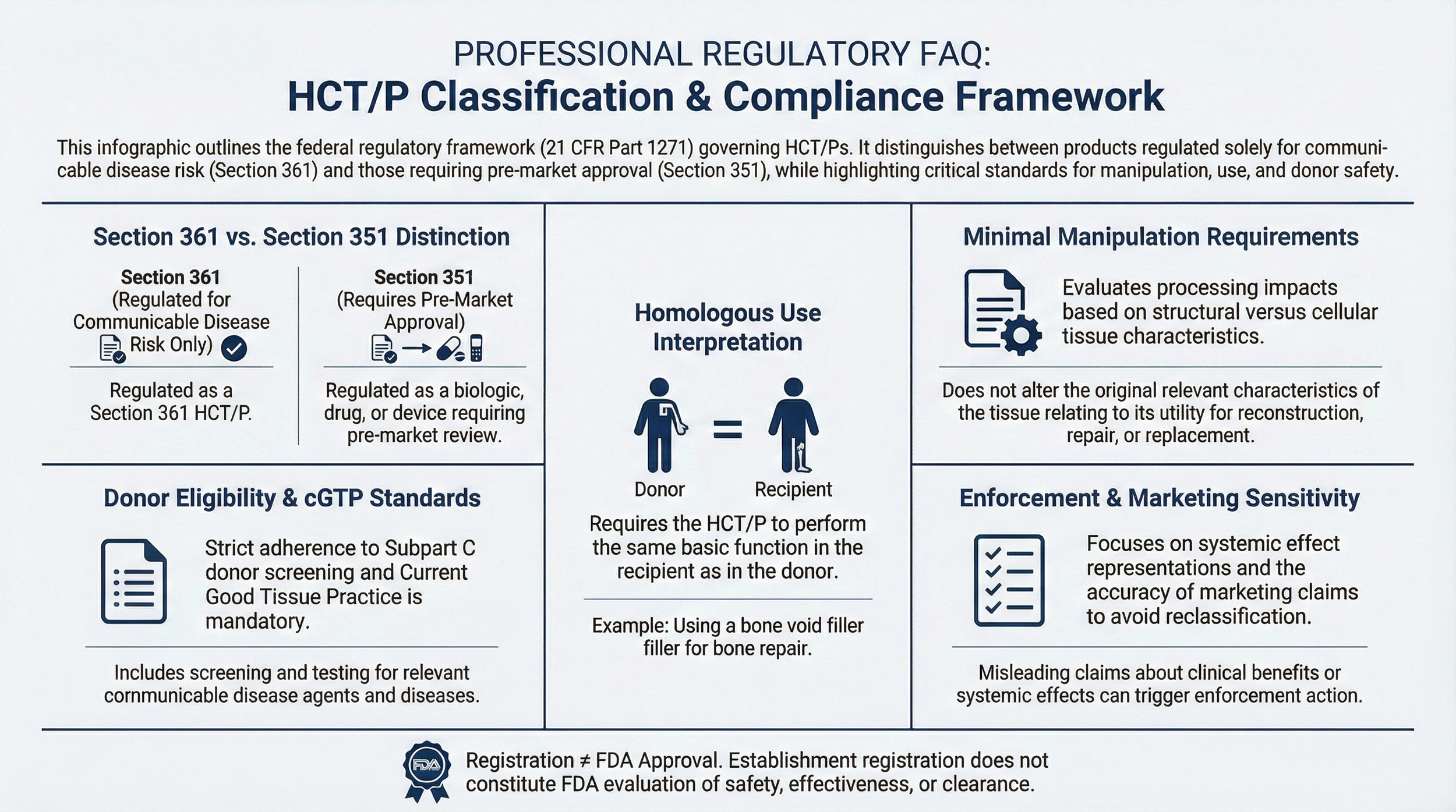 Professional Regulatory FAQ infographic summarizing HCT/P classification, Section 361 vs 351 distinction, minimal manipulation standards, homologous use interpretation, donor eligibility, cGTP requirements, and enforcement sensitivity under 21 CFR Part 1271.