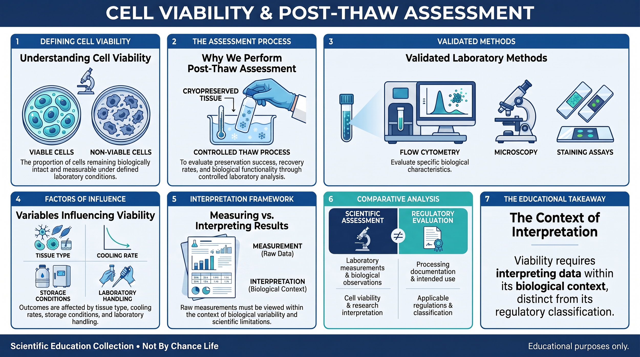 Educational infographic illustrating cell viability, post-thaw assessment, laboratory evaluation methods, interpretation of viability measurements, and the distinction between scientific assessment and regulatory evaluation.