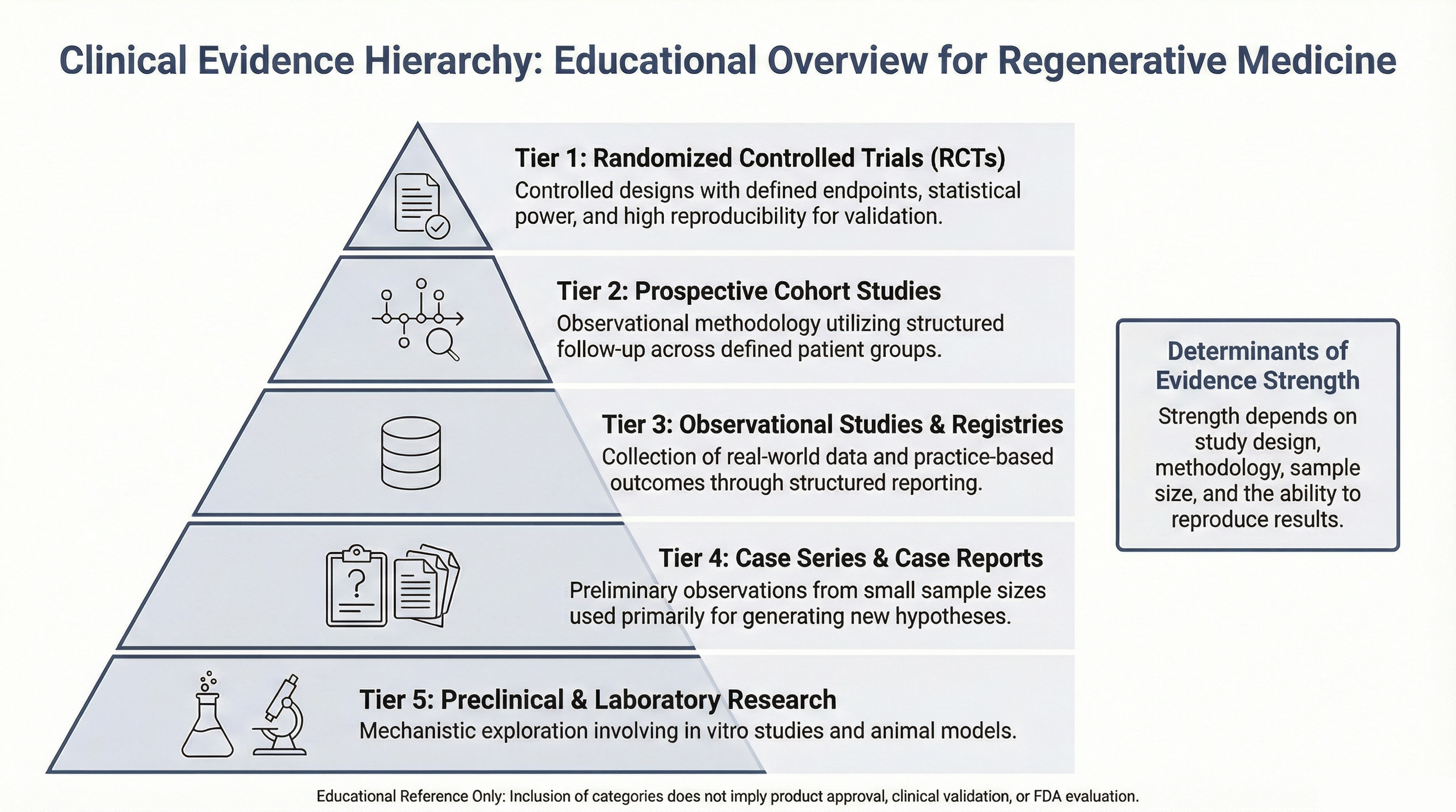 Infographic illustrating hierarchy of clinical evidence including randomized controlled trials, cohort studies, observational data, case reports, and preclinical research within regenerative medicine context