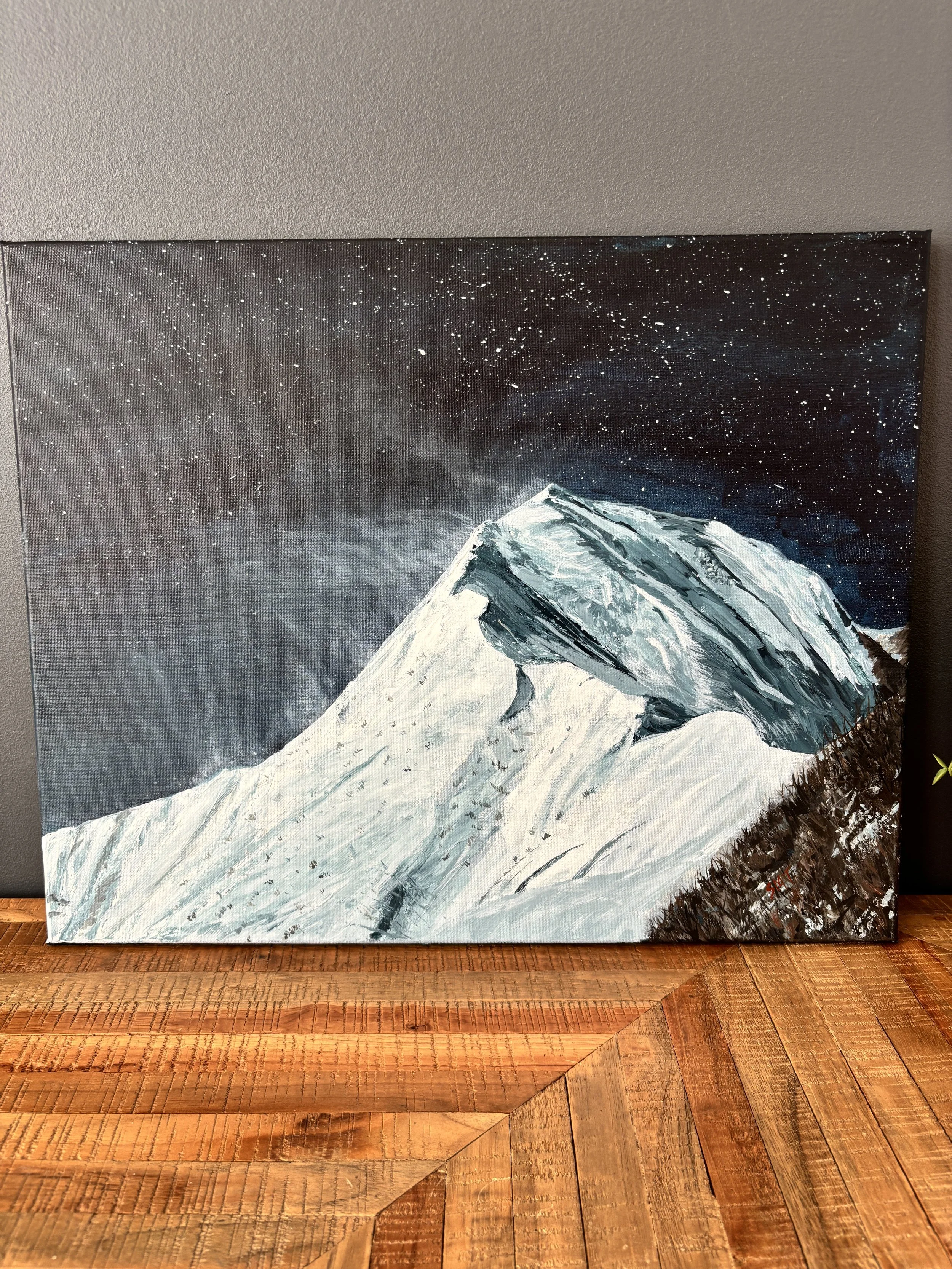 Quietly Stormy |
16" x 20" Acrylic on Canvas |
There's something about a star-spangled night sky that puts everything else in perspective, don't you think? Ironically, this windy mountain top was incredibly calming to paint.  