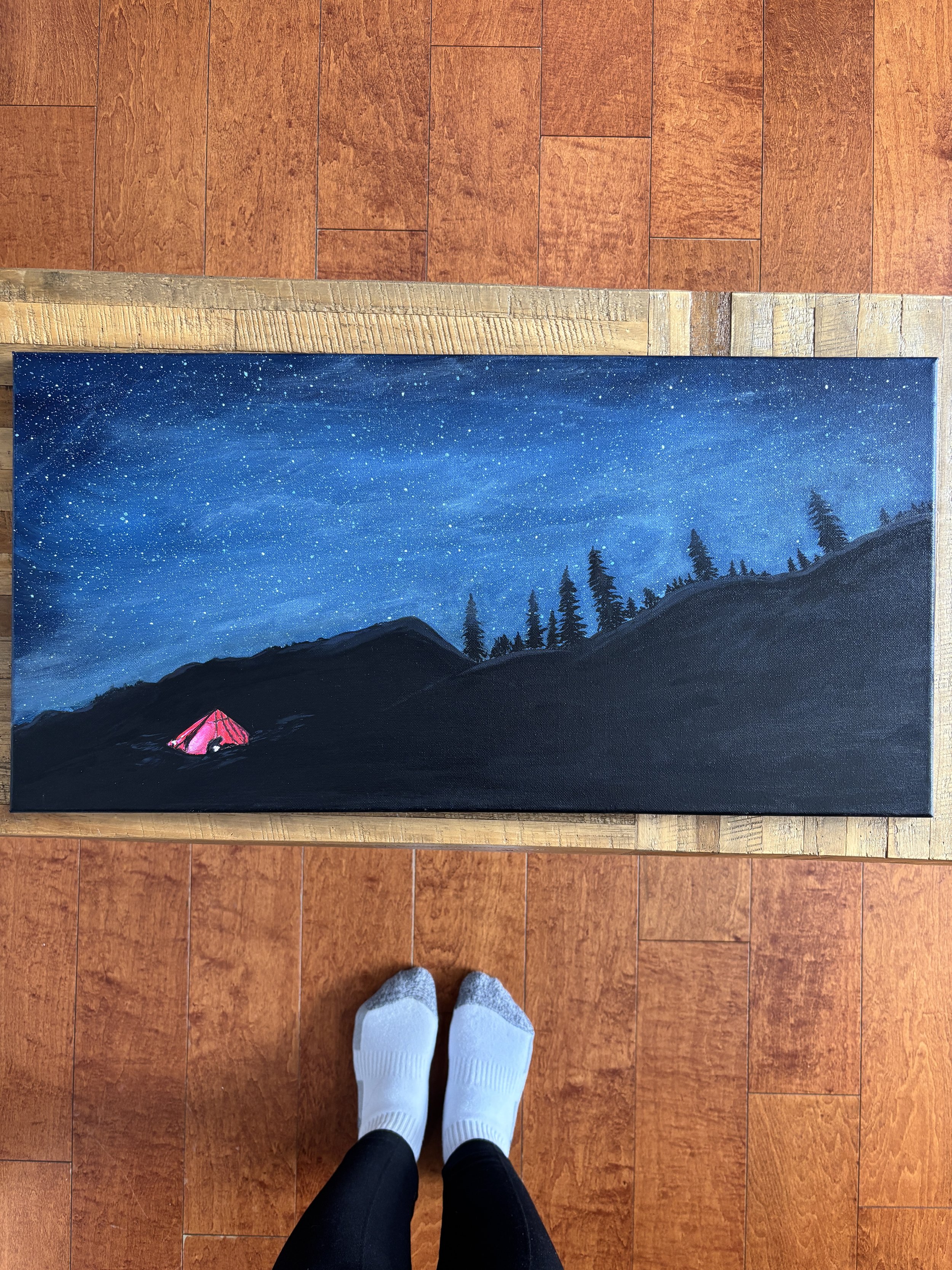 Dreamy Campsite | 12" x 24" Acrylic on Canvas | 
Inspired by a loved one's Himalayan adventure, this campsite under a starlit sky is the stuff dreams ought to be made of.