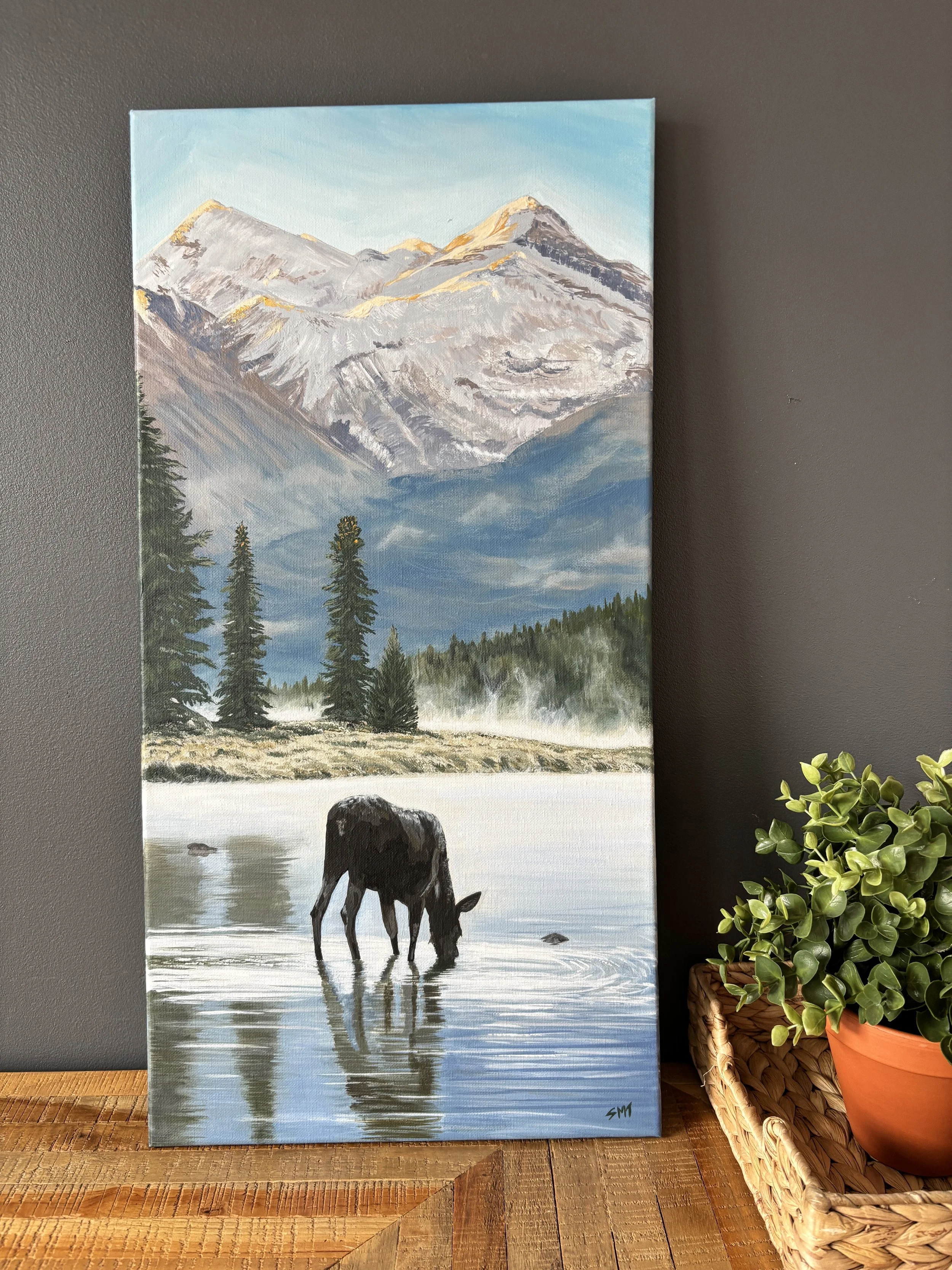 A Misty Morning in the Valley |
24" x 12" Acrylic on Canvas |
This is one of my favourite pieces so far. I used brushes instead of palette knives mostly to express atmosphere and a sense of mystery and calm of an early morning mountain landscape. 