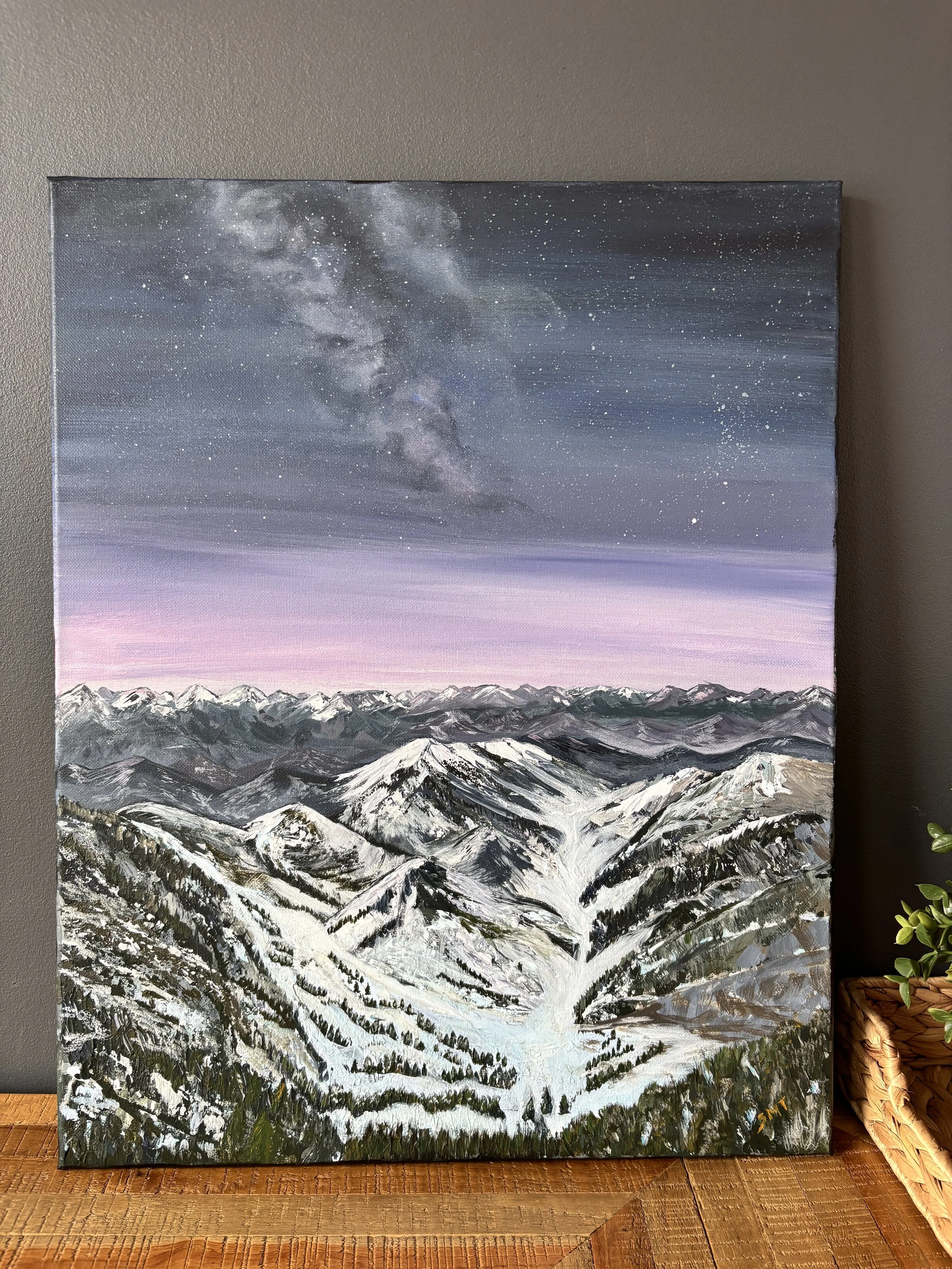 View From the Top |
20" x 14" Acrylic on Canvas |
Anytime I've flown over the Rockies, I've seen views similar to this and wondered and marvelled at the textures and colours. Here's one view I want to remember. 