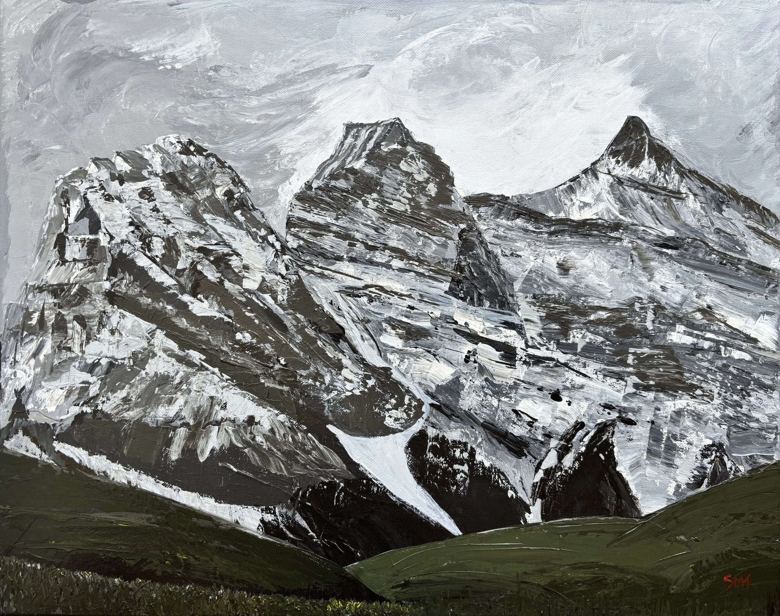The Three Sisters |
16" x 20" Acrylic on Canvas |
This monochromatic textural rendition of The Three Sisters, the famous trio of peaks in the Canadian Rockies, begs to be felt. It was a hike in -16 degree Celsius that inspired this painting. I have t