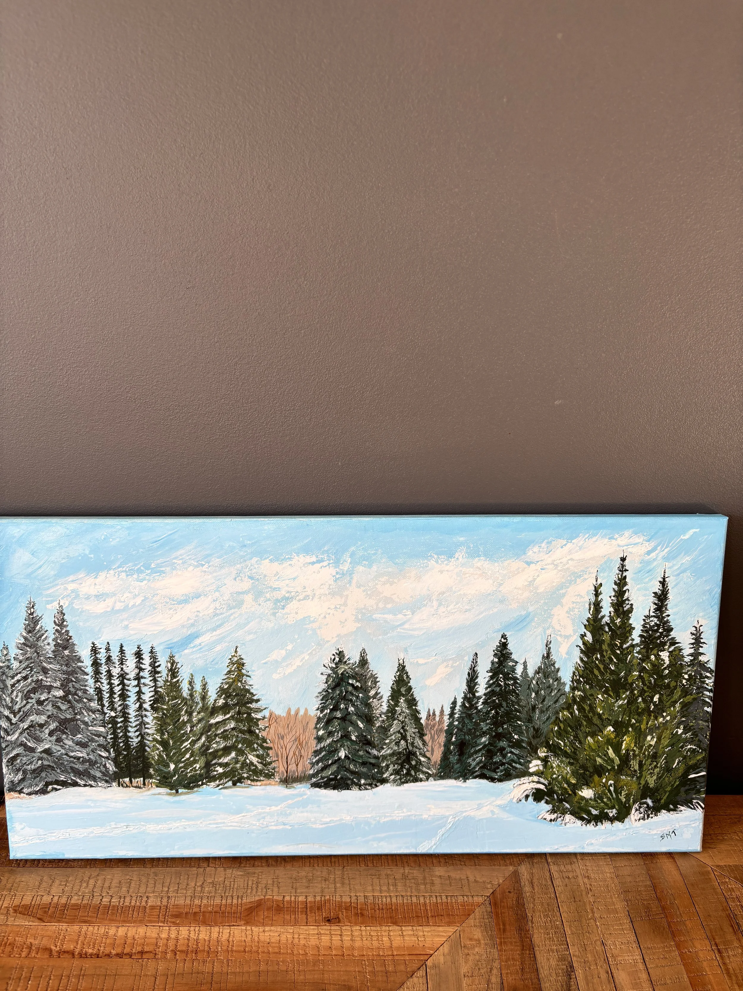 Sentinels of Baker Park |
12" x 24" Acrylic on Canvas |
A quiet walk in Baker Park, one of my favourite green spaces in Calgary, inspired this palette knife piece. I loved painting snow and these beautiful spruce trees with knives. There's plenty of 