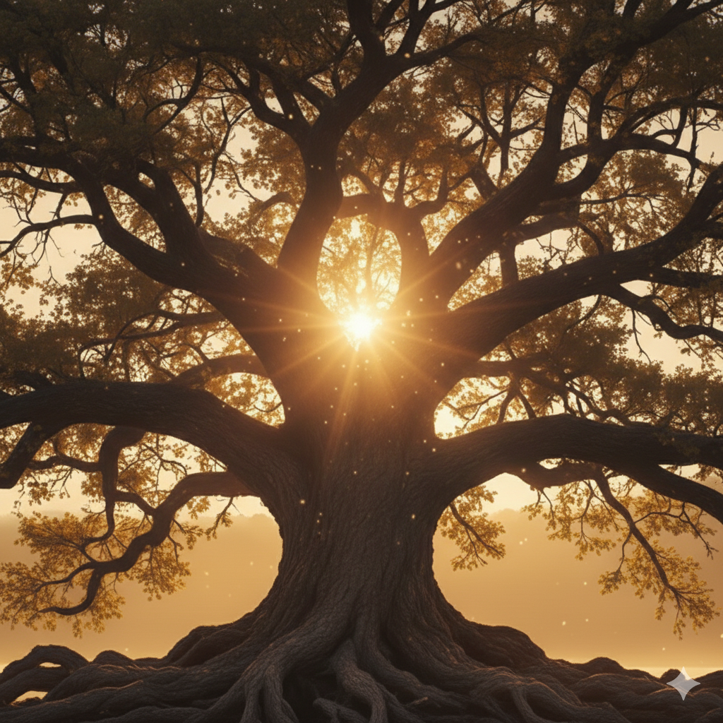 A large tree with sprawling roots and branches at sunset, with the sun shining through the branches.