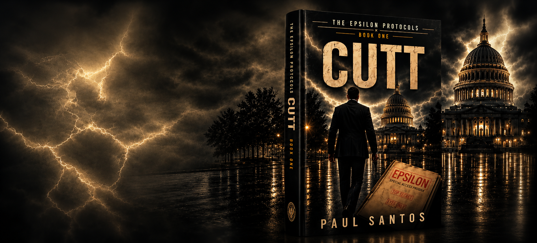 Dark stormy sky with lightning, reflected on wet ground, with a man in a suit walking towards illuminated government buildings. Foreground shows a book titled 'Cutt' by Paul Santos.