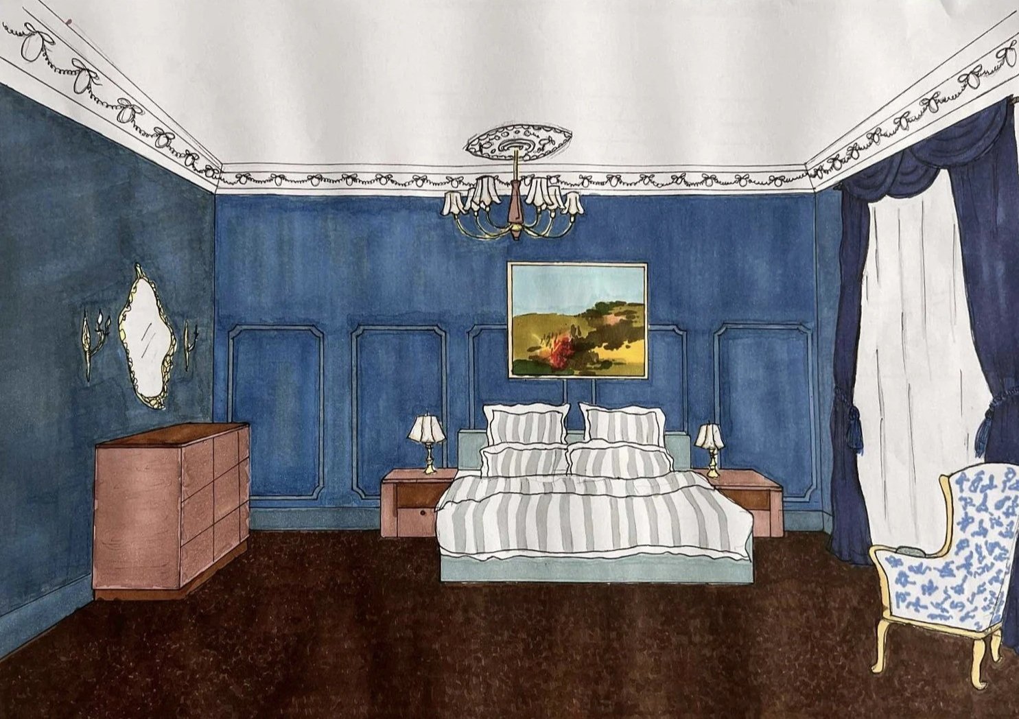 3D Hand Drawn Model of a master bedroom created by Bortolazzo Interior Design