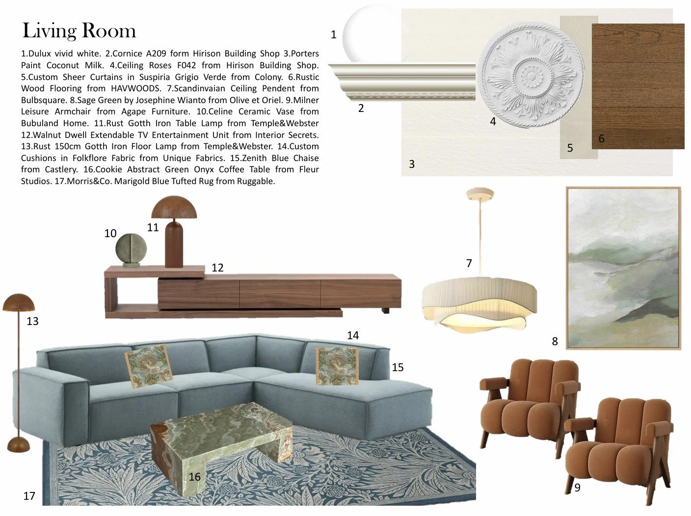Living Room Sample Board created by Bortolazzo Interior Design, featuring bespoke furniture and finishes