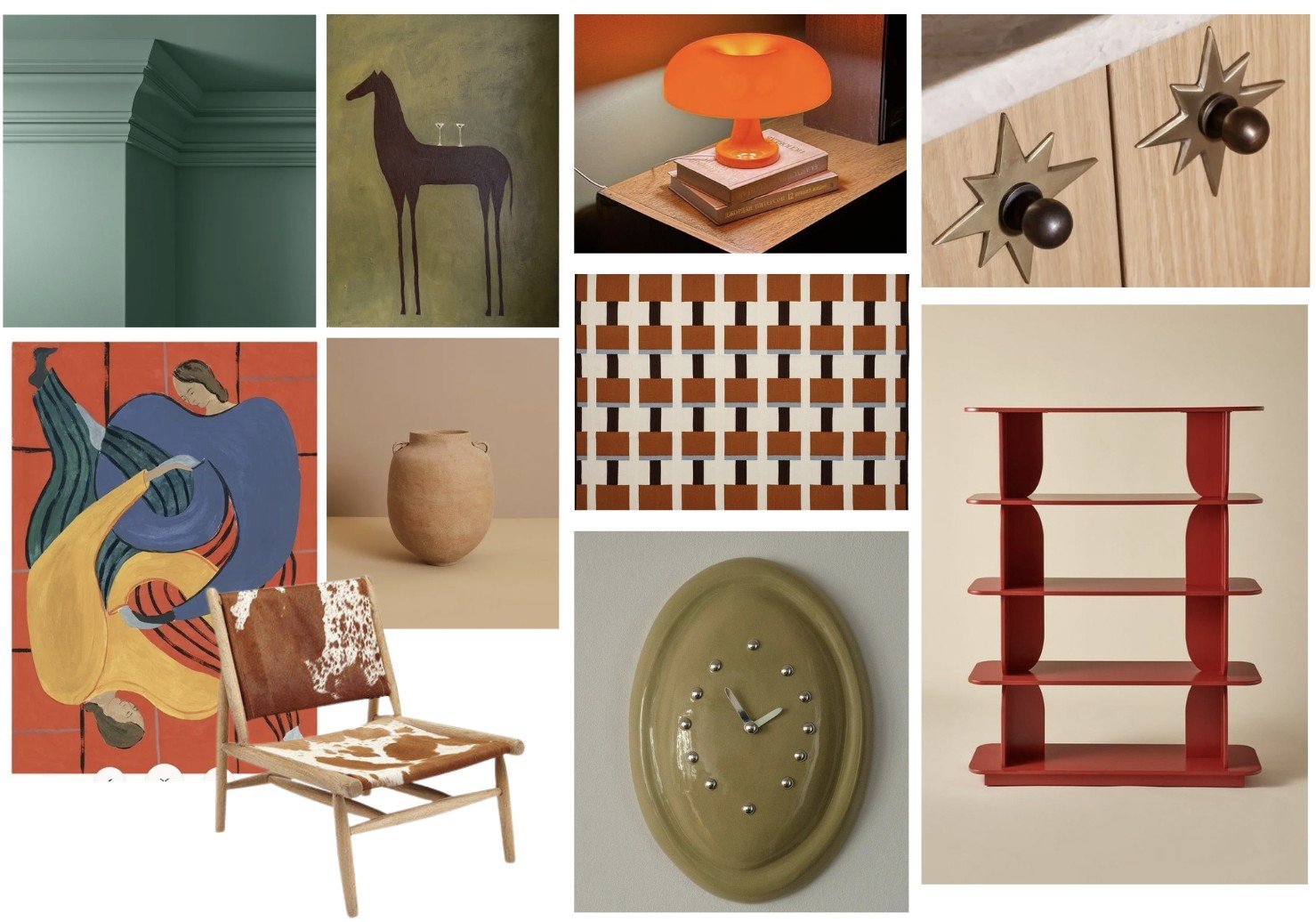 Mexican Mid-Century Modern Moodboard created by Bortolazzo Interior Design, feauting contrastic colours of orange, teal, olive and mustard, repeat patterns, handmade pottery and tiles.