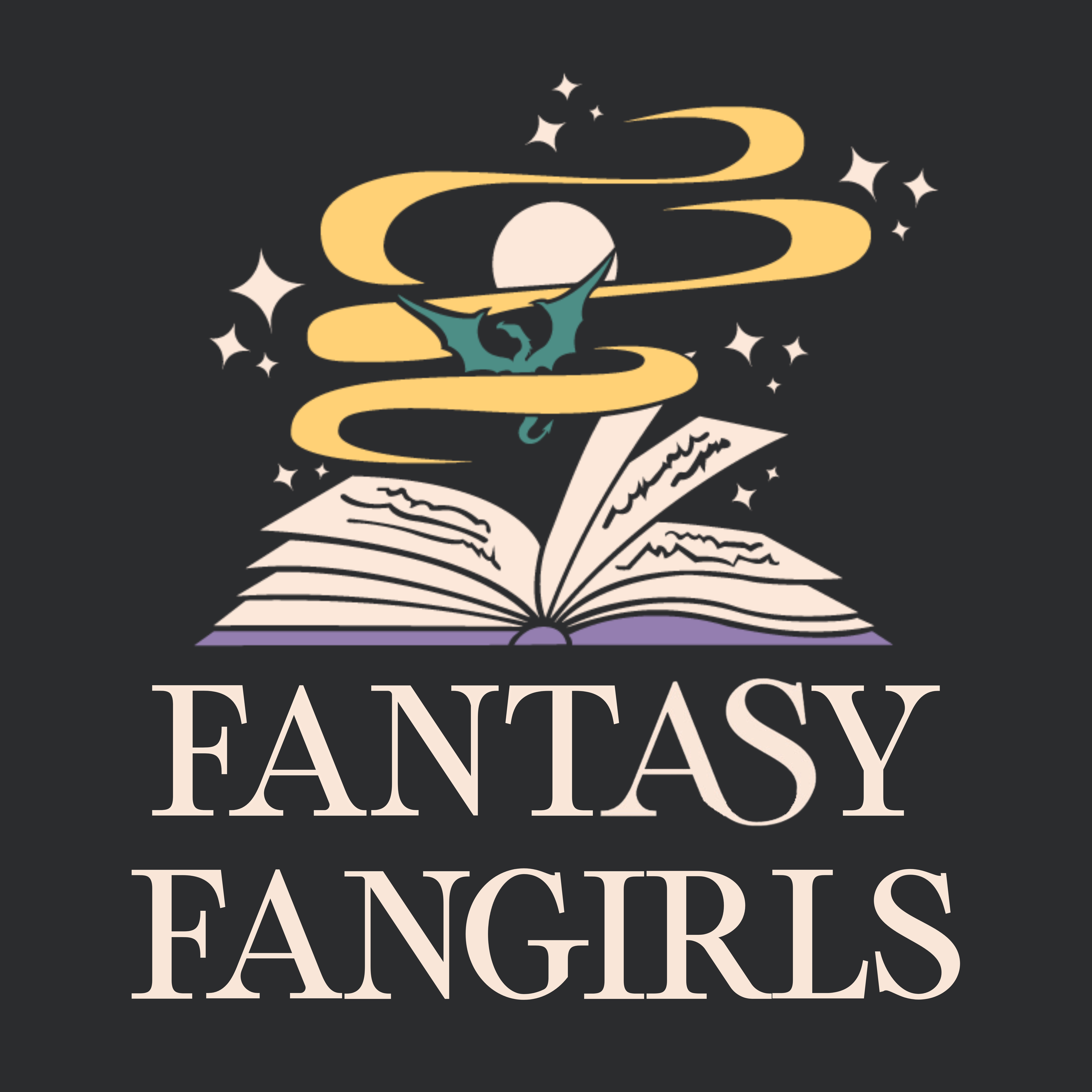 A graphic with an open book, a magical swirl, a moon, and stars, with the text "FANTASY FANGIRLS" beneath.