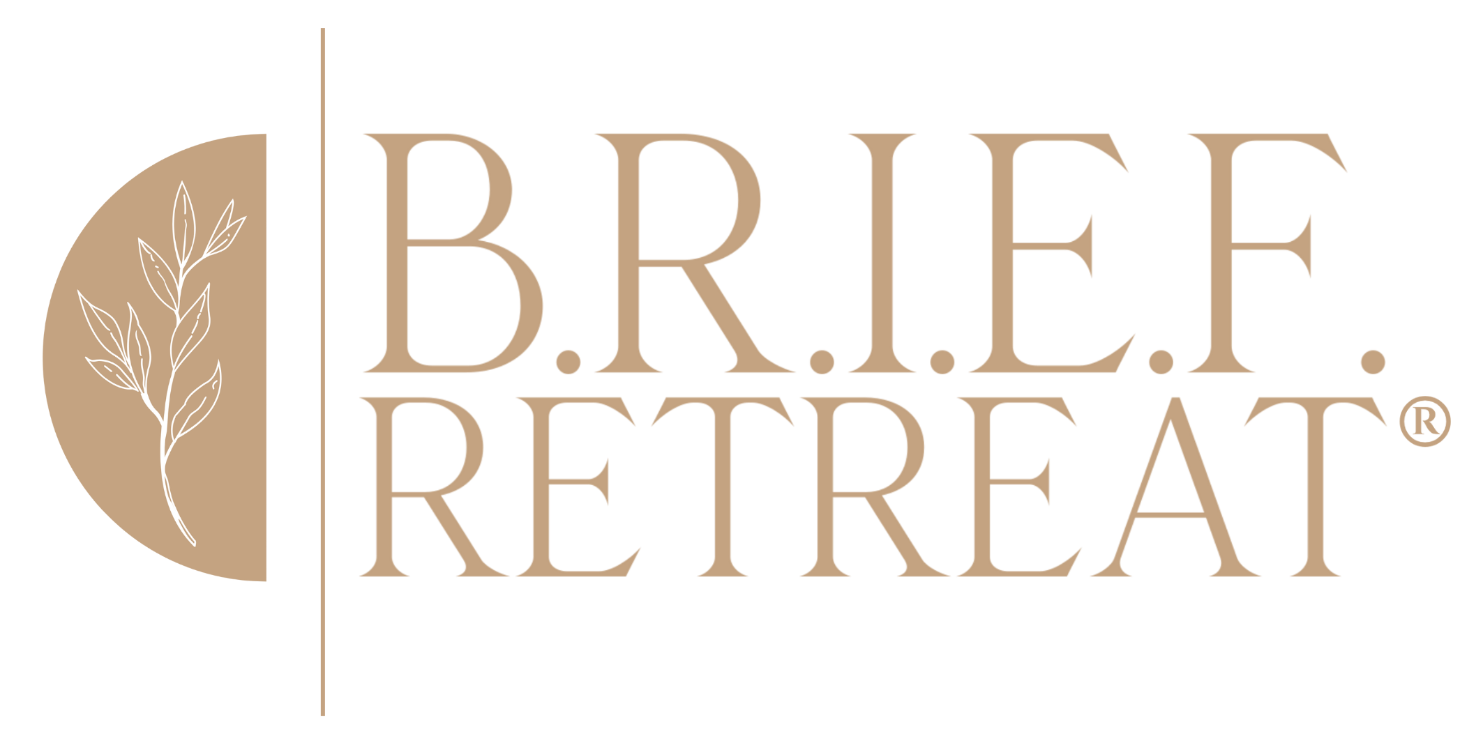 Logo of B.R.I.E.F. Retreat with a stylized leaf illustration in beige and taupe colors.