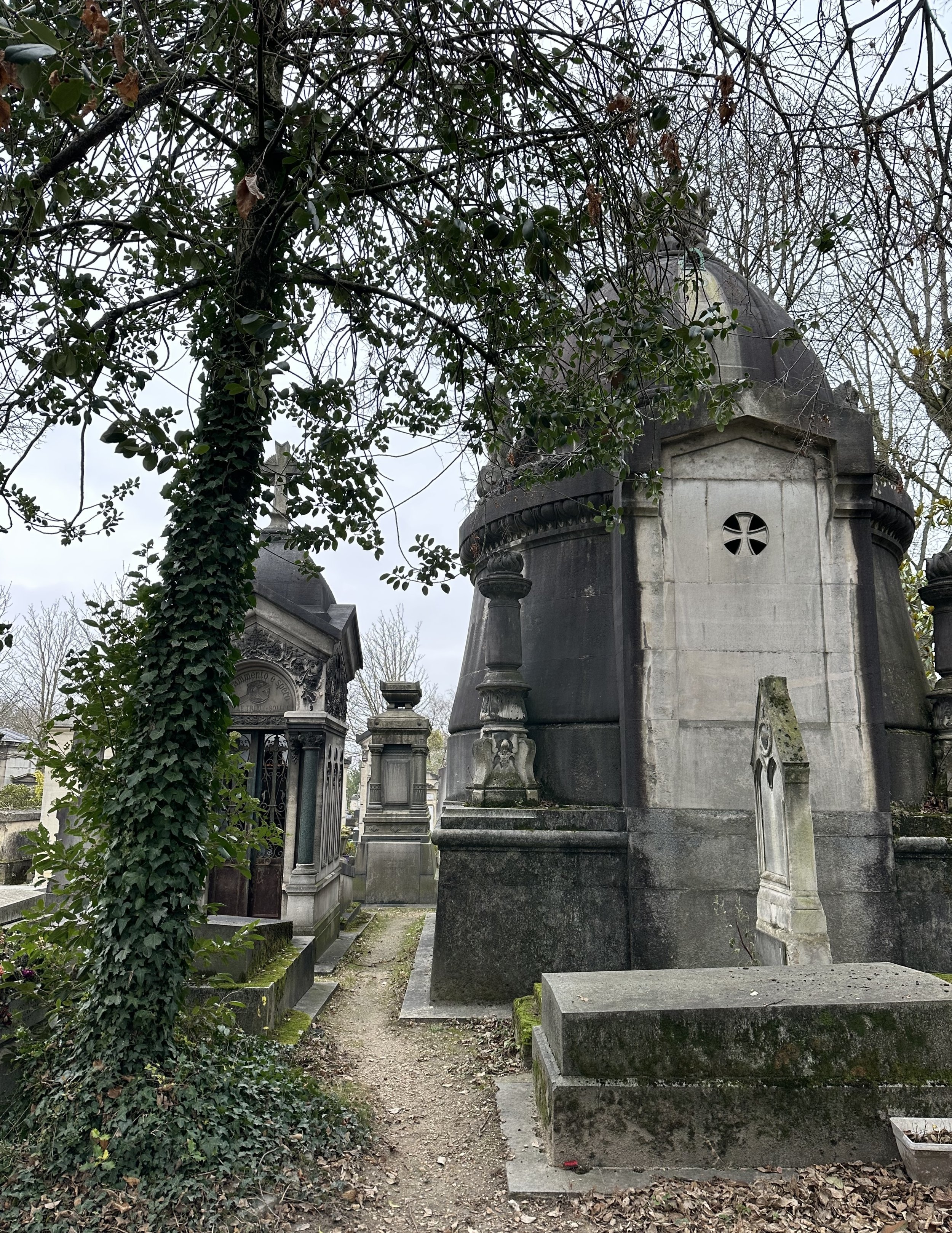 A graveyard scene with old stone tombs and mausoleums, overgrown with ivy and surrounded by leafless trees.