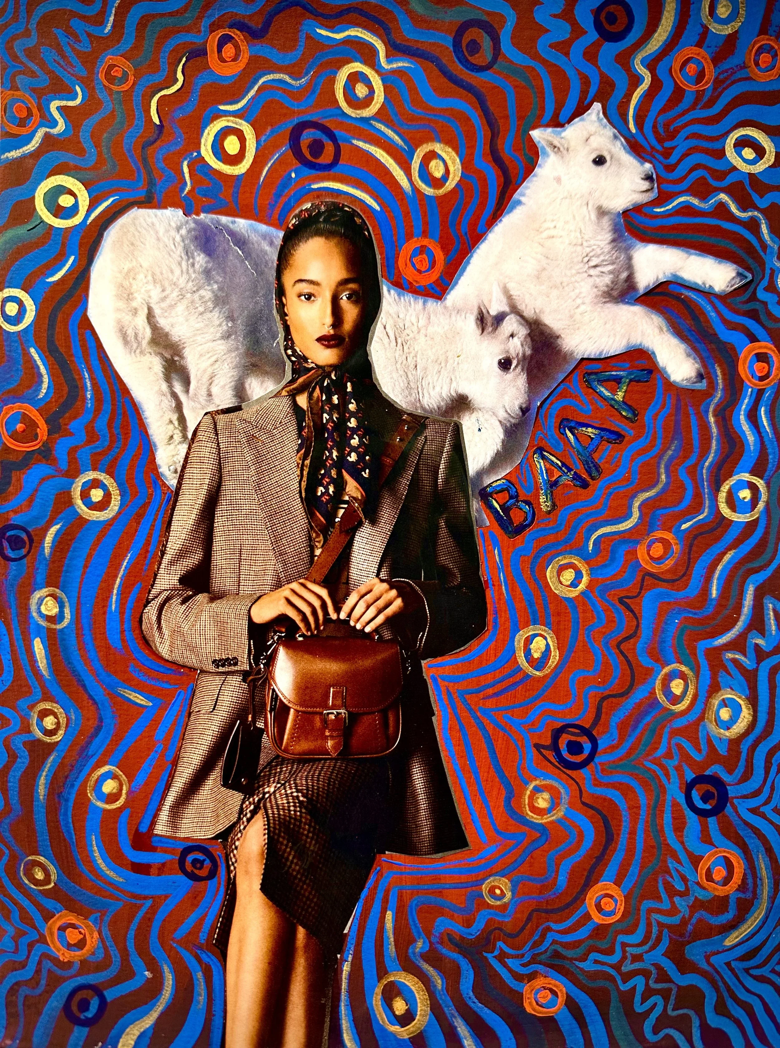 A collage with a woman in a stylish plaid blazer and skirt, holding a brown handbag, standing against a vibrant, abstract background featuring swirling patterns, circles, and the word 'BAAA' along with images of two lambs.