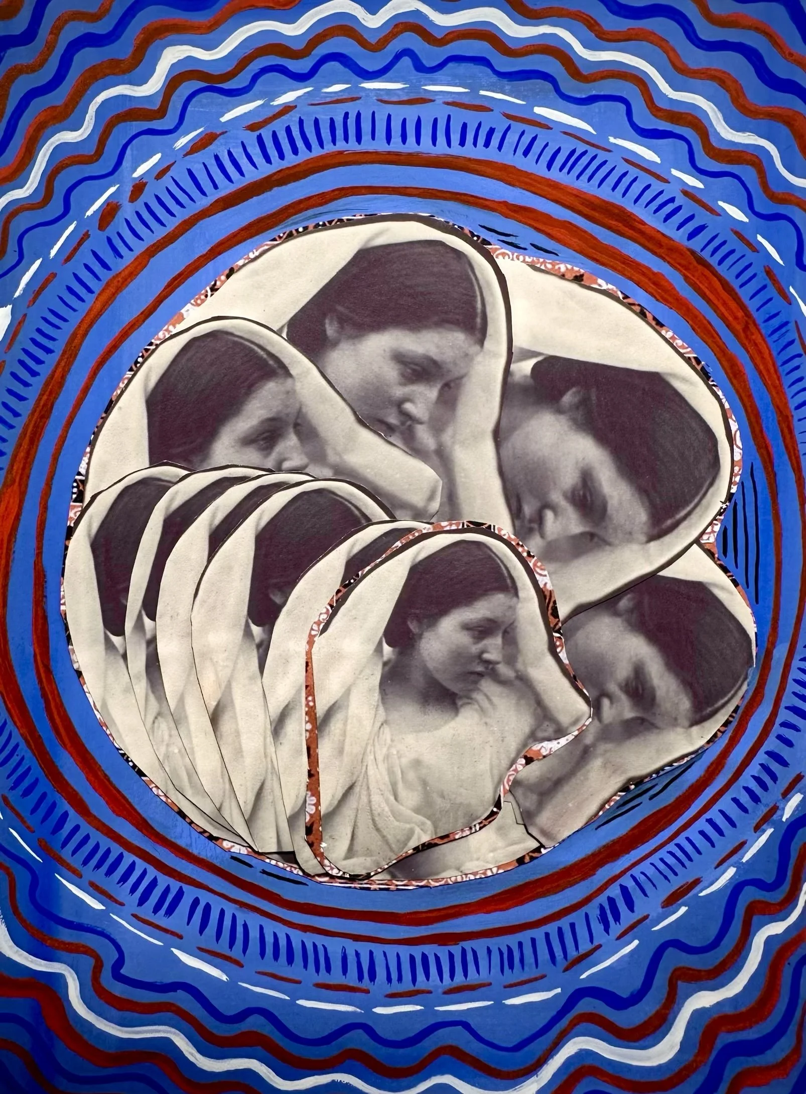 Black and white collage of women with similar hairstyles and expressions, surrounded by colorful abstract concentric designs in red, white, and blue.