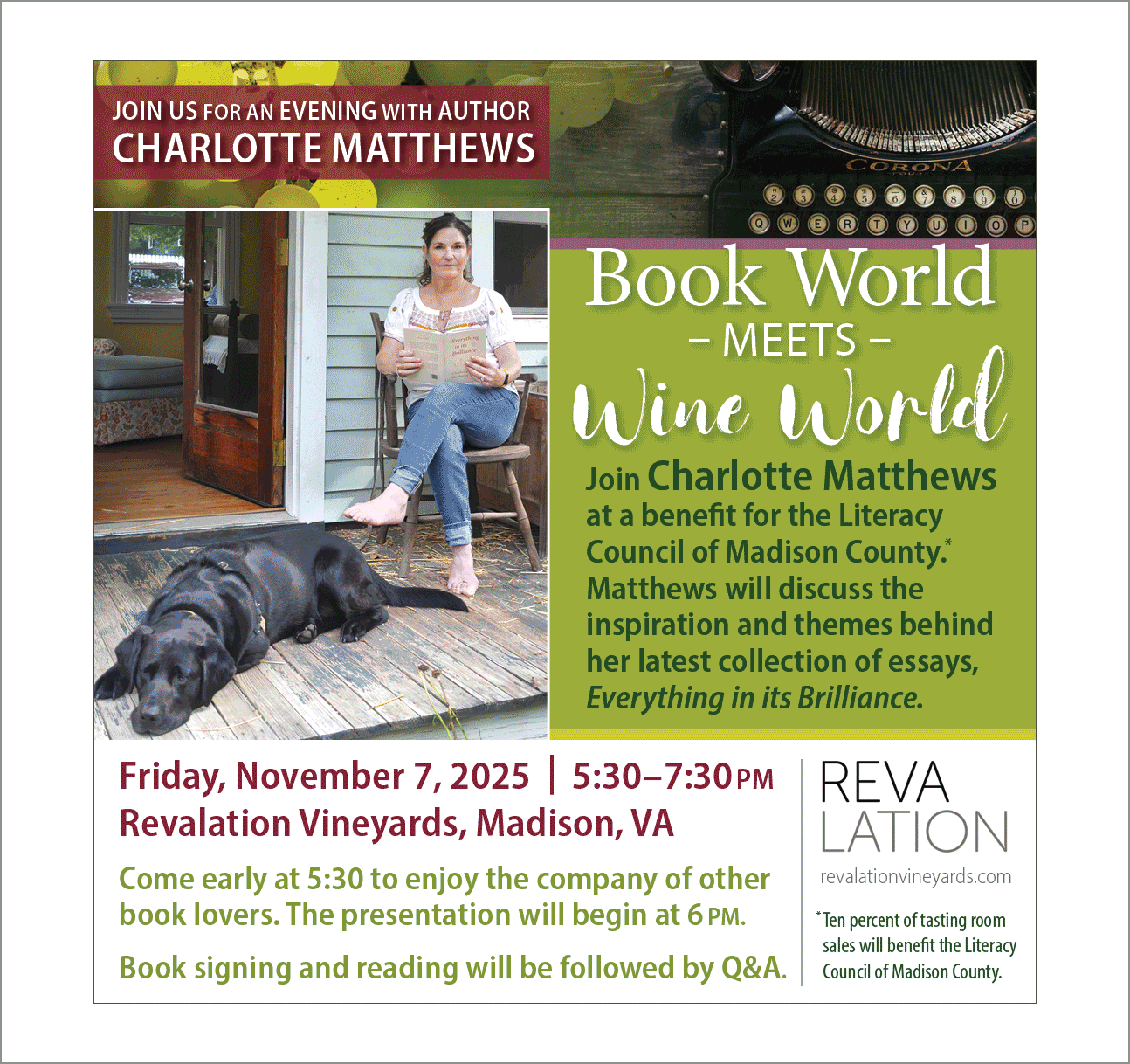 Event flyer for a book and wine event featuring author Charlotte Matthews, scheduled for Friday, November 7, 2025, from 5:30 to 7:30 PM at Revalation Vineyards in Madison, VA. The flyer includes a photo of a woman reading outside with her dog nearby, and details about the event, including a book signing and Q&A session.