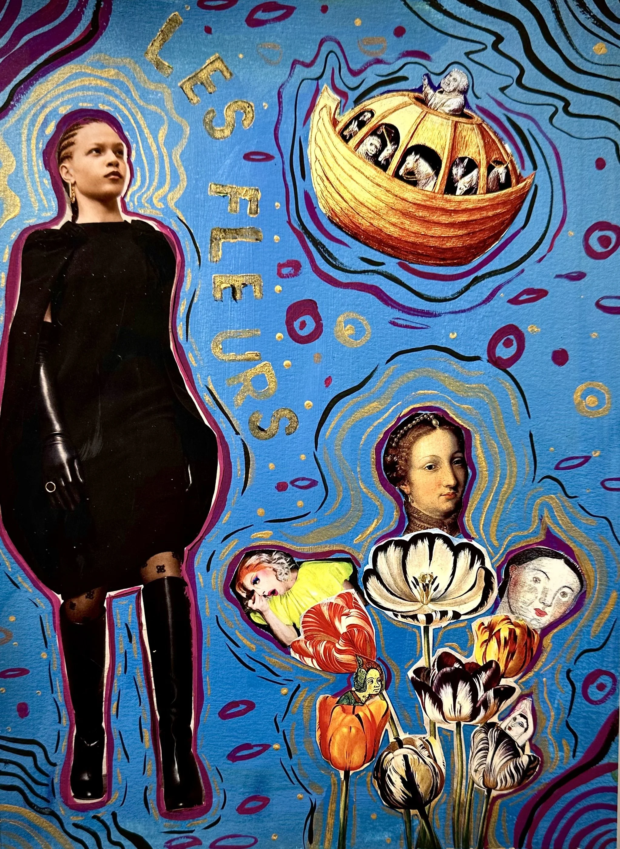 Mixed media collage featuring a woman in black outfit with purple hair on a blue background with gold, purple, and black details. Surreal elements include Noah's Ark, human portraits, and flowers with faces.