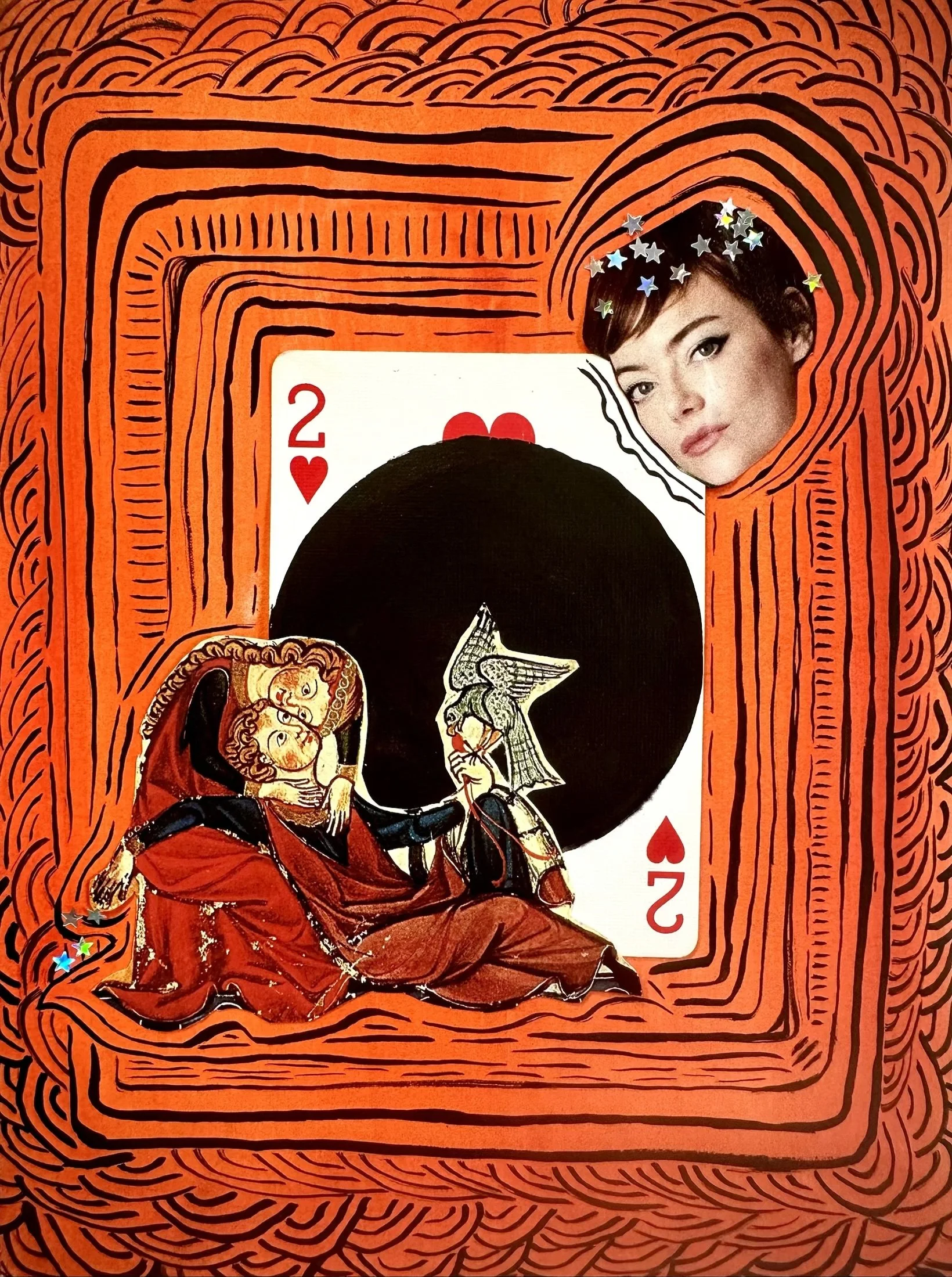 A woman with short yellow hair looking thoughtfully upward, with a white cat in a colorful, abstract background featuring swirling green, pink, and gold patterns and the word "PURRFECT" written on it.