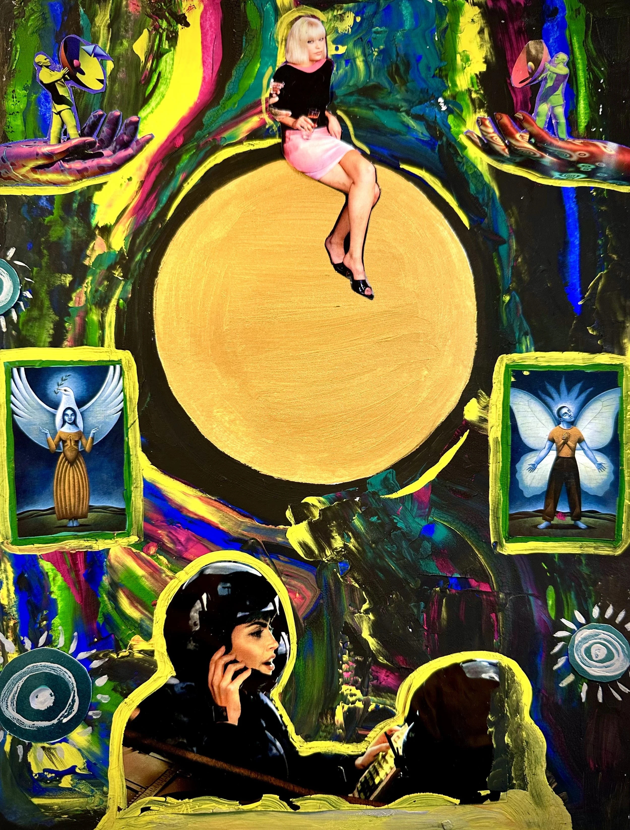 An abstract mixed-media artwork featuring a blonde woman in a pink skirt and black top sitting on a yellow circle, surrounded by colorful, swirling paint strokes, tarot-like cards with angelic figures, and a woman doing a phone call with a sleek hat in a vibrant, chaotic composition.