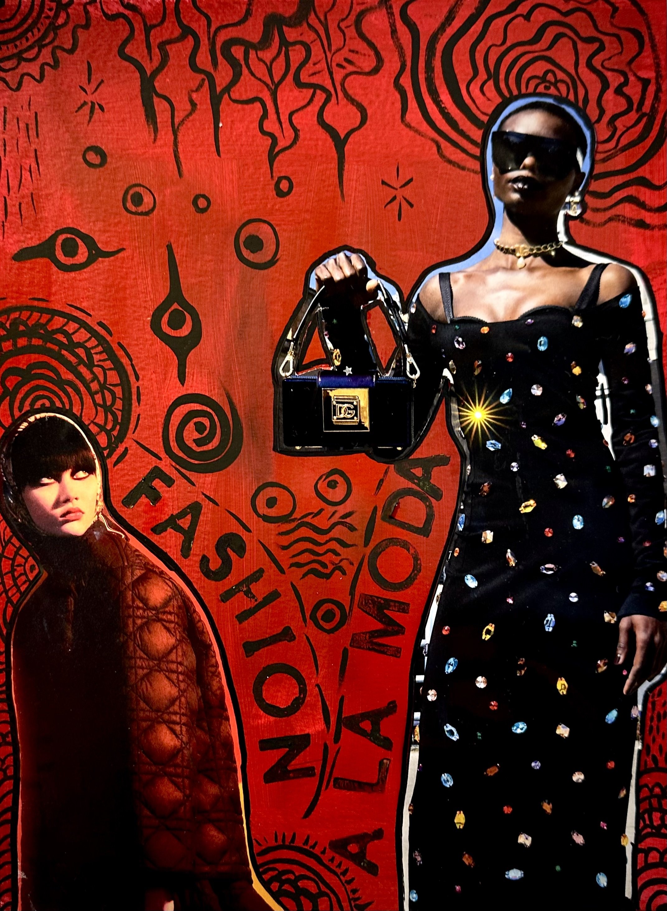 Fashion display with two models, one in a black dress adorned with colorful gemstones and a woman in red quilted coat, against a red background with black doodles, text, and an illustration of a head with text 'FASHION | A LA MODE'.