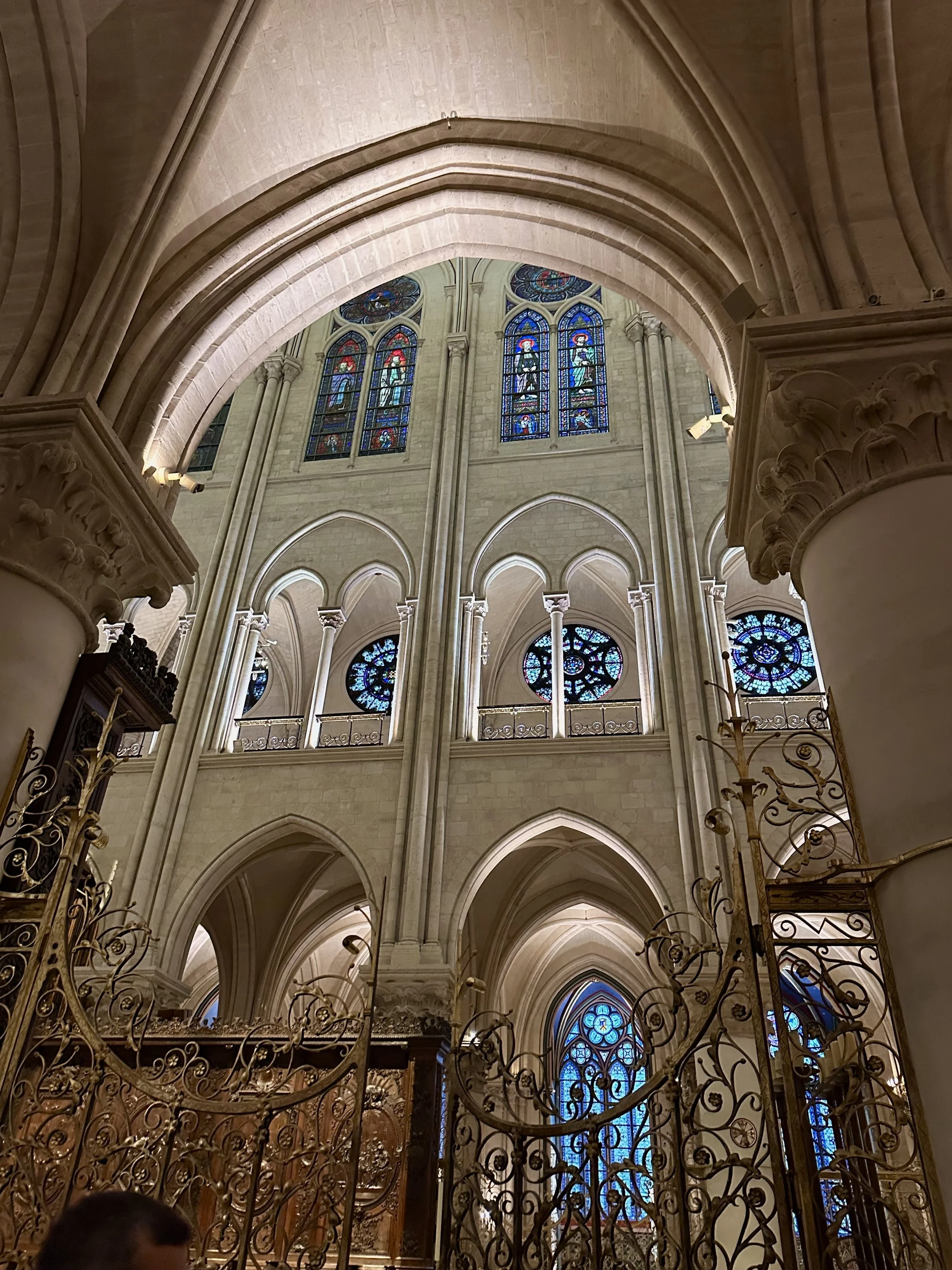 Notre Dame: tall stained glass windows, arched ceilings, and ornate iron gate.