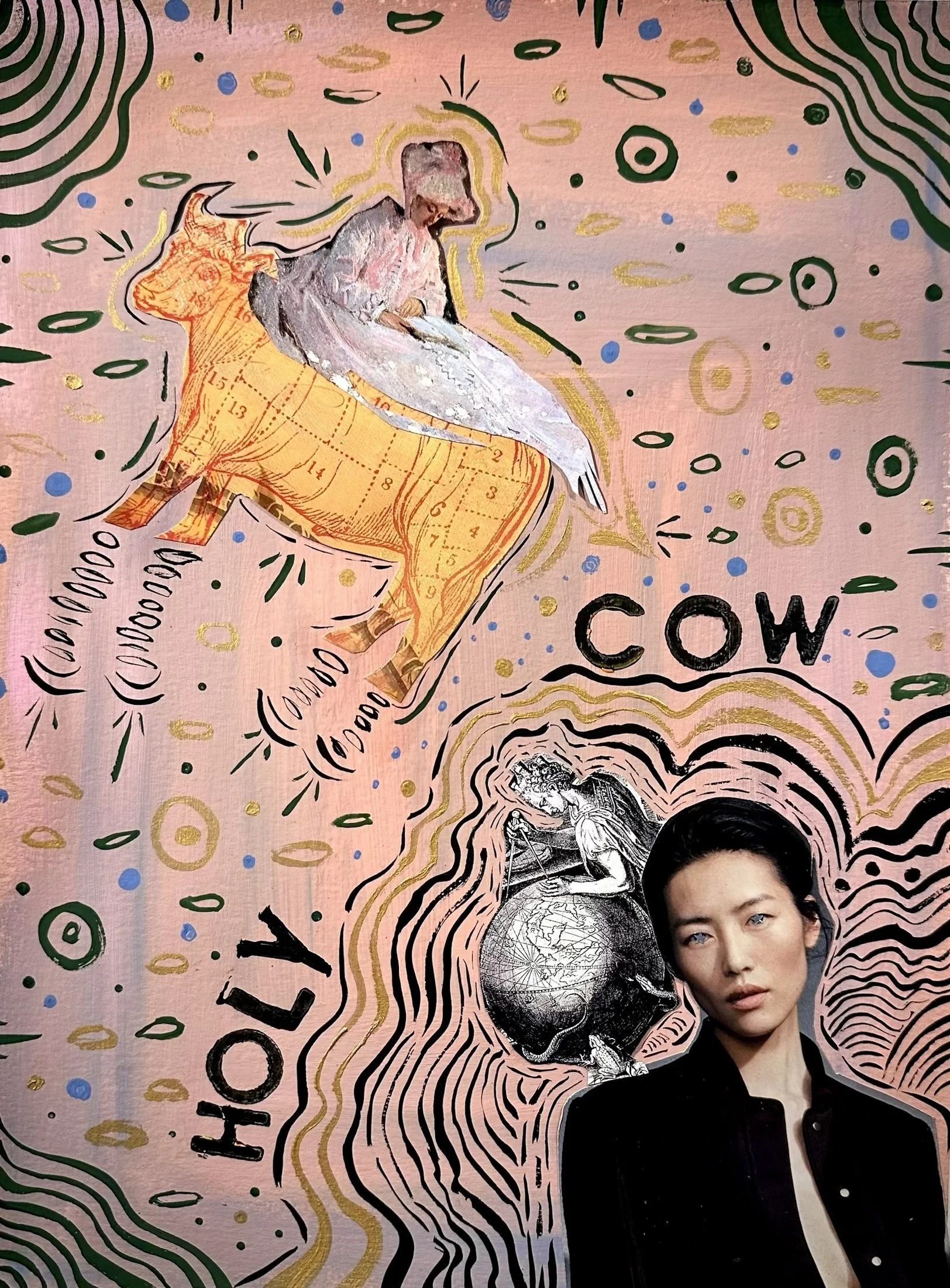 Collage with pale pink background featuring drawings of a cow and a woman sitting on a globe, surrounded by colorful abstract patterns and the words 'Holy Cow'.