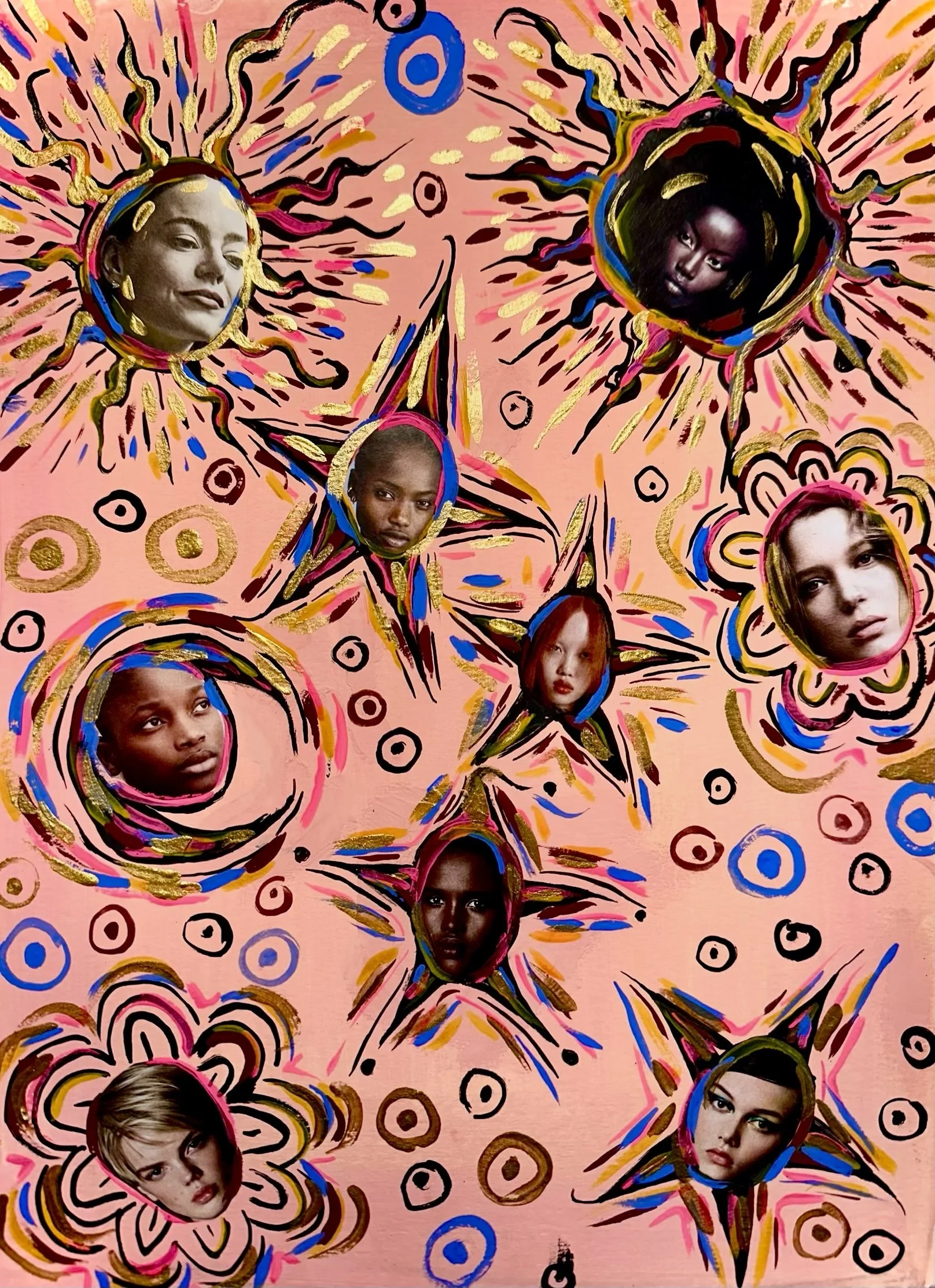 Collage with painted background and cutout faces of women within colorful, starburst, and circular designs.