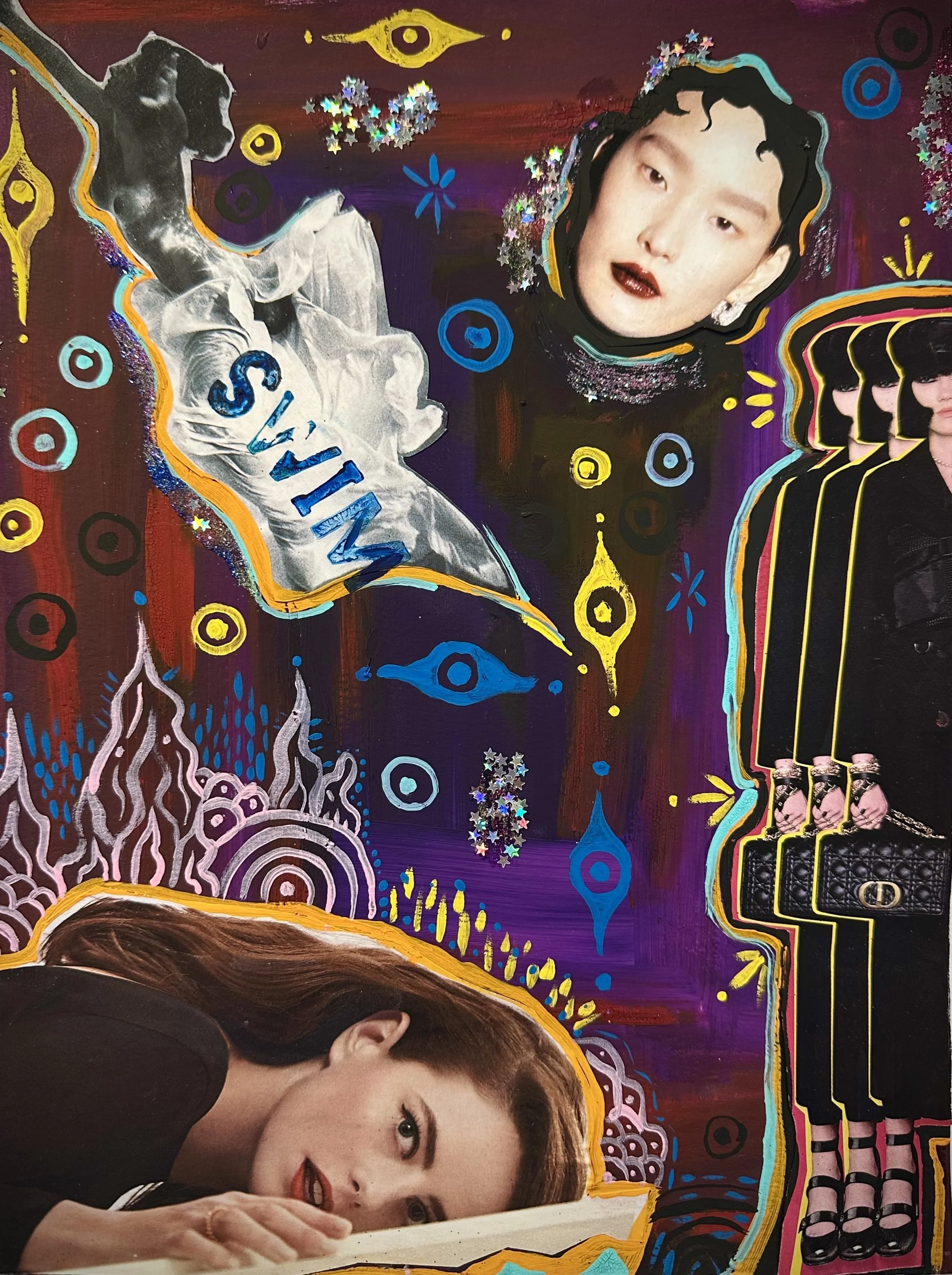 A colorful collage featuring various images of women, with painted abstract patterns, stars, and eye symbols in the background.