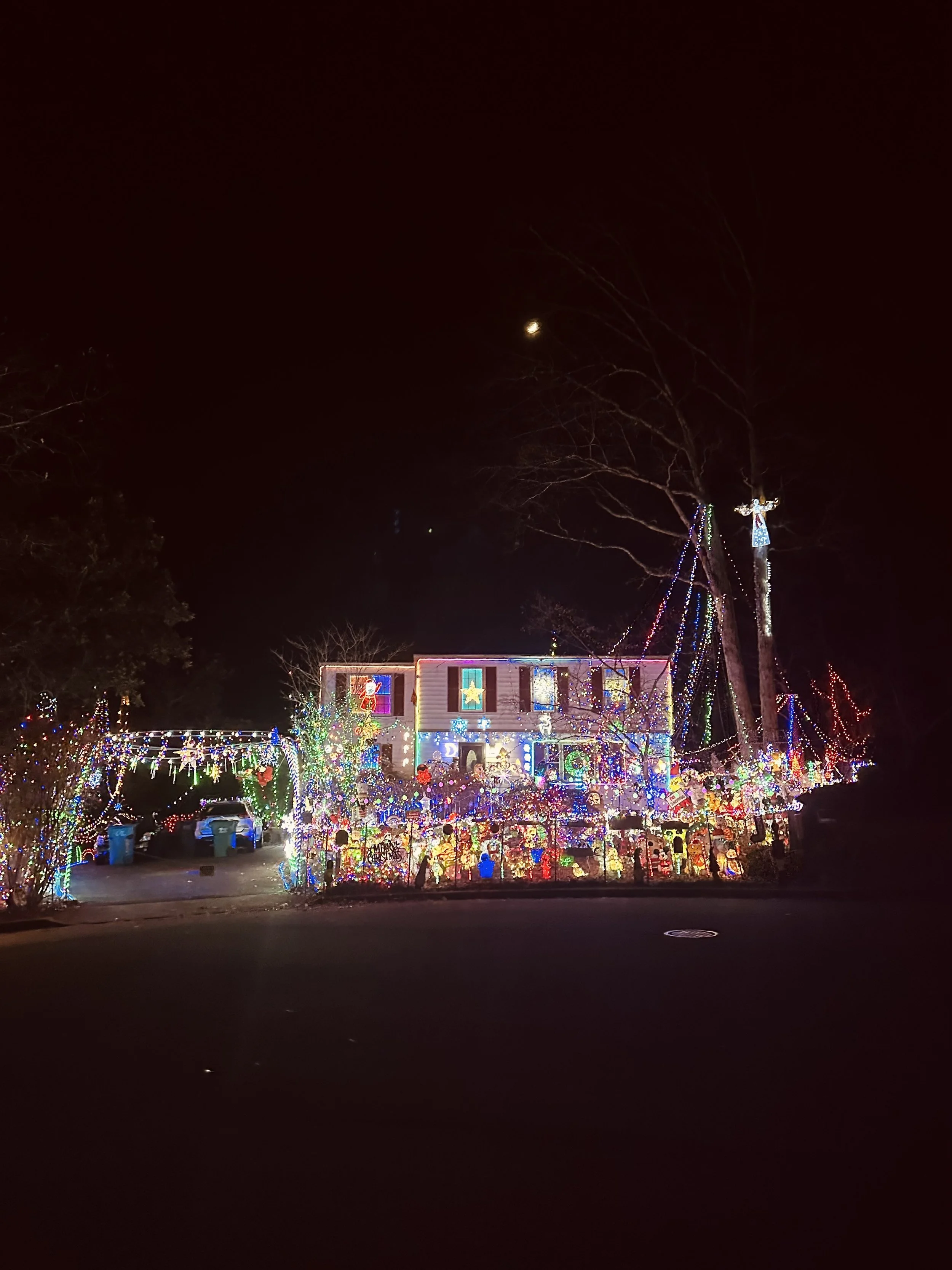 A house decorated with colorful Christmas lights and ornaments at night, with a dark sky, trees, and the moon in the background.
