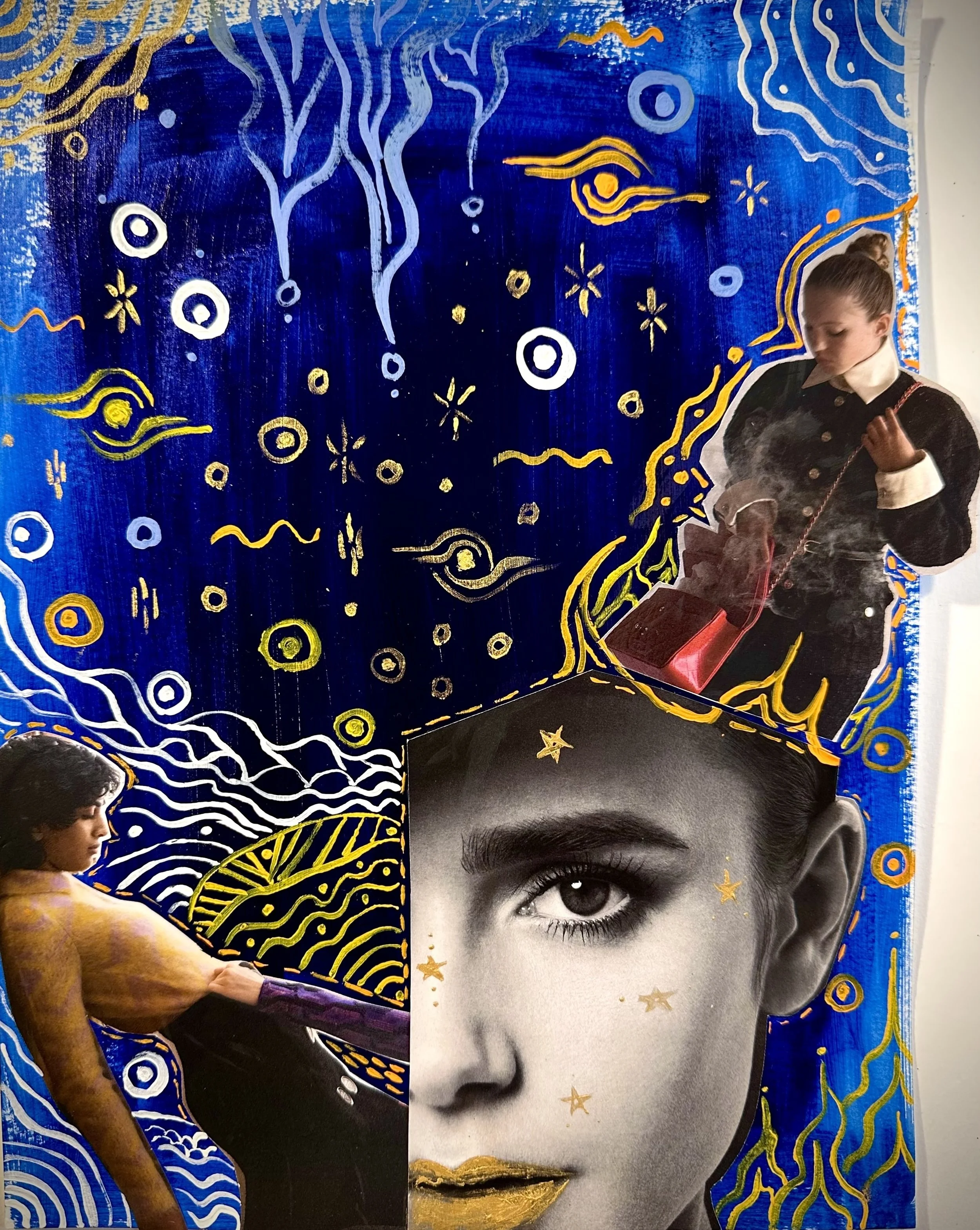 Mixed media artwork with flow blue theme, featuring cutouts of two women, one with a realistic black-and-white face with gold accents, and the other painting a section of the scene, with vibrant blue, gold, and white swirling patterns and stars.