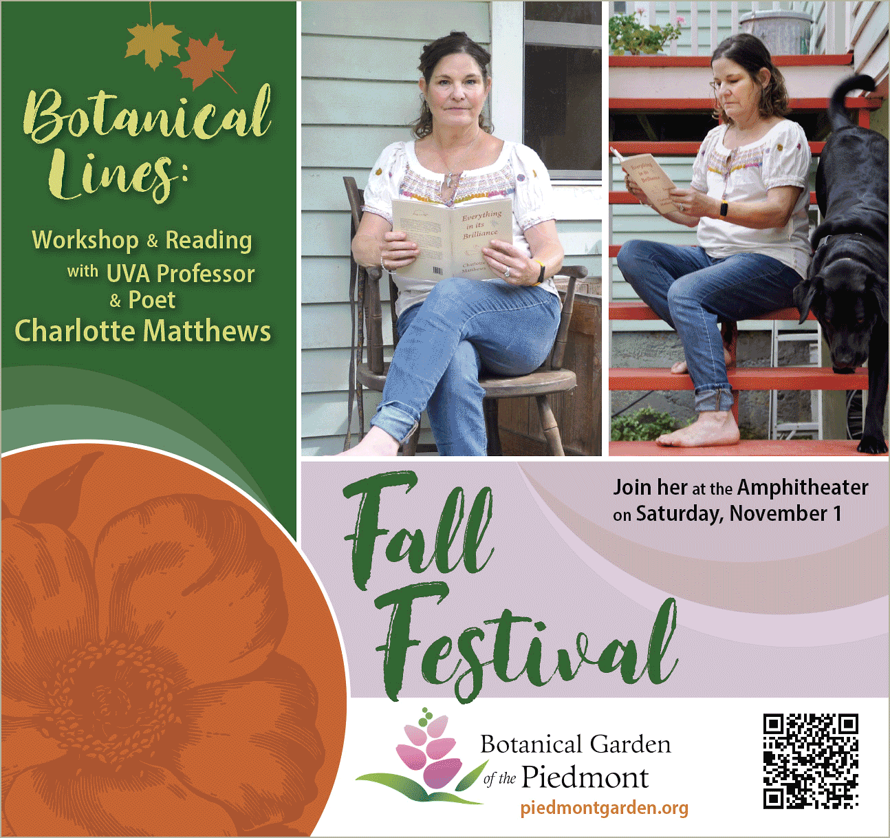 A promotional poster for the Fall Festival at the Botanical Garden of Piedmont, featuring a woman reading a book on a porch and another woman reading on stairs, with event details and a large orange flower illustration.
