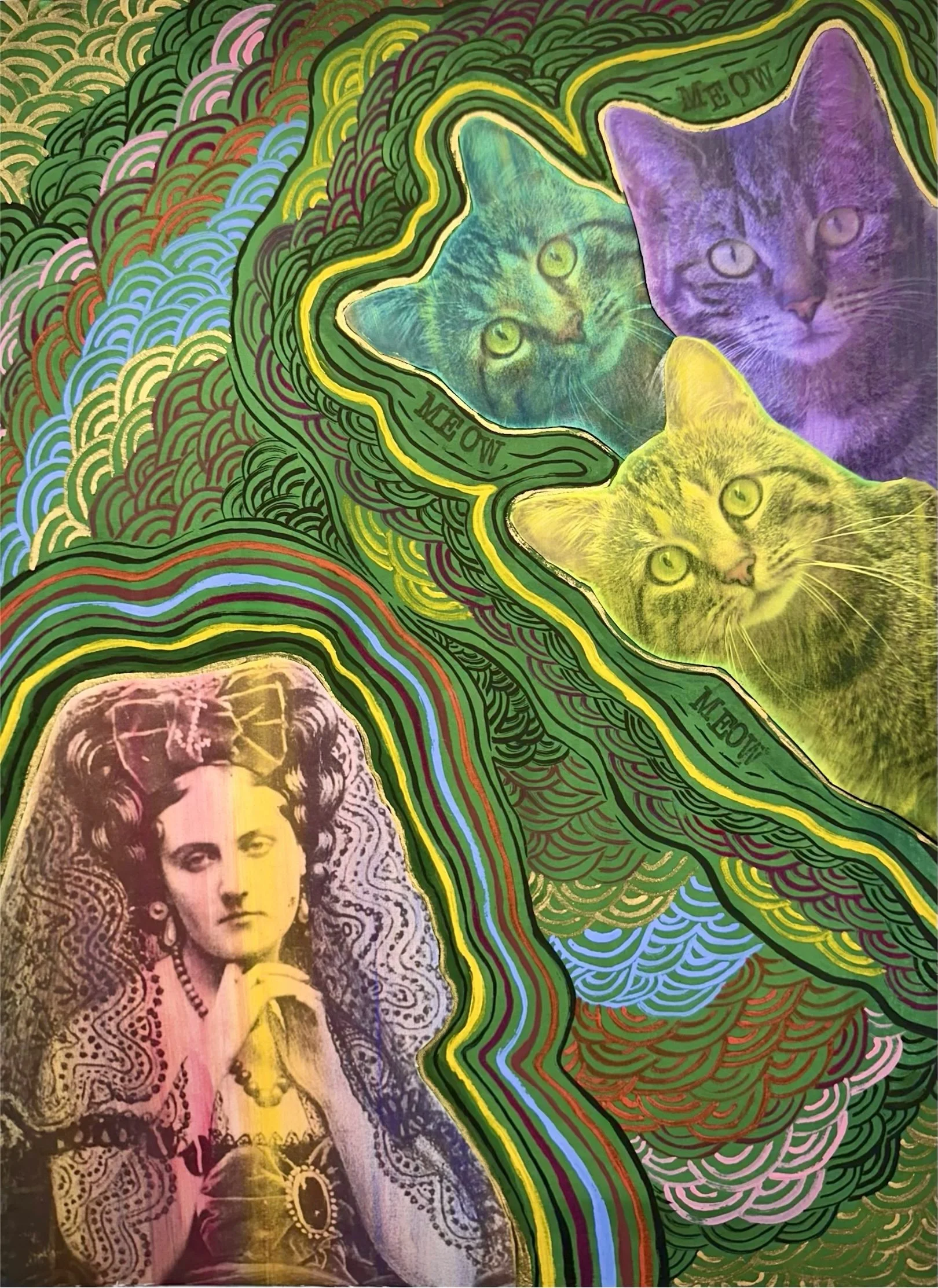 A colorful mosaic featuring multiple images of cats and a woman with traditional jewelry and attire, surrounded by vibrant, intricate patterns and swirling colorful lines.