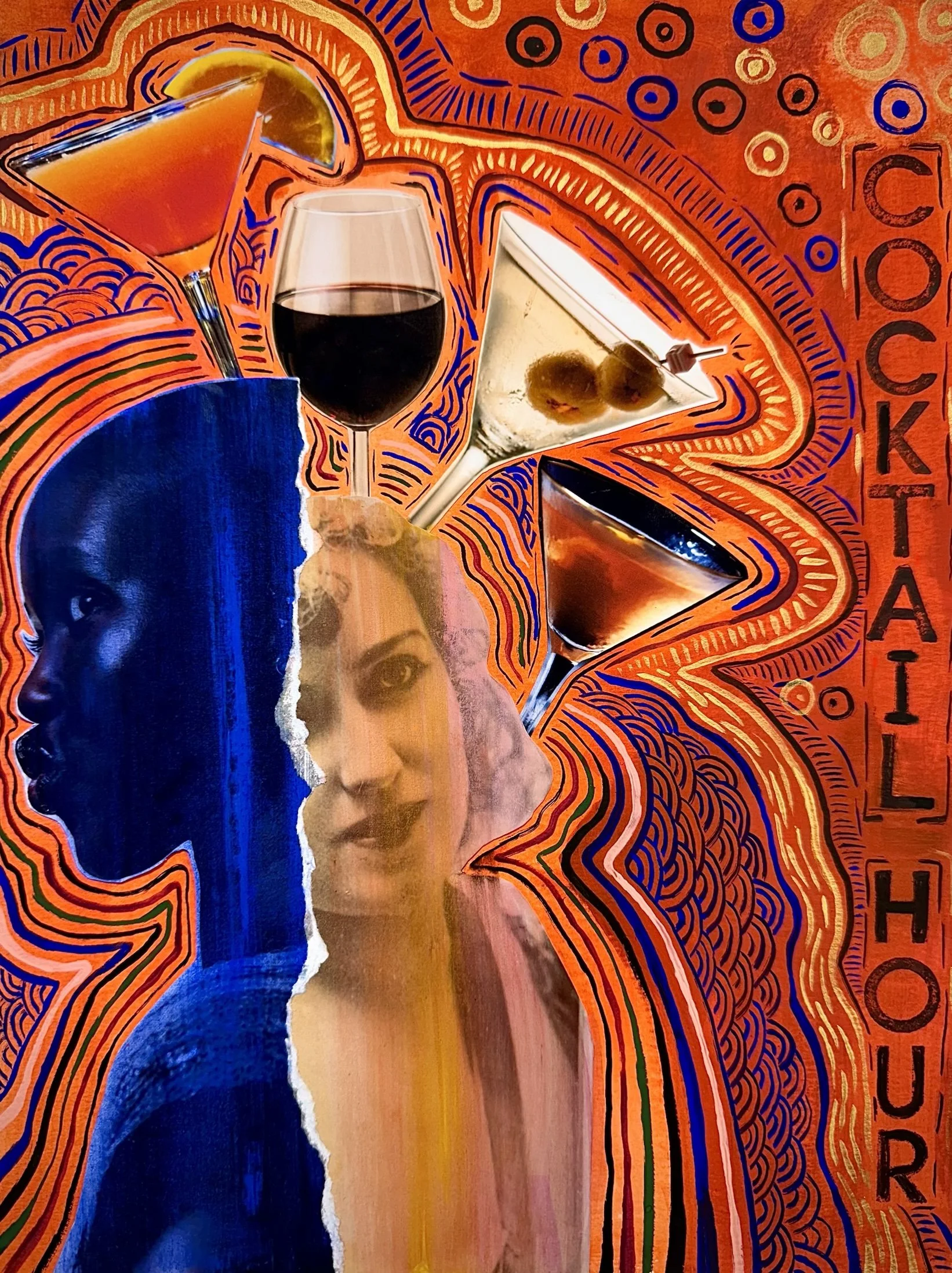 A vibrant, abstract painting with bold, curving lines and colorful patterns in red, orange, blue, and black. It features a layered composition with a collage of a woman's face, glasses of cocktails, and bright, swirling shapes.