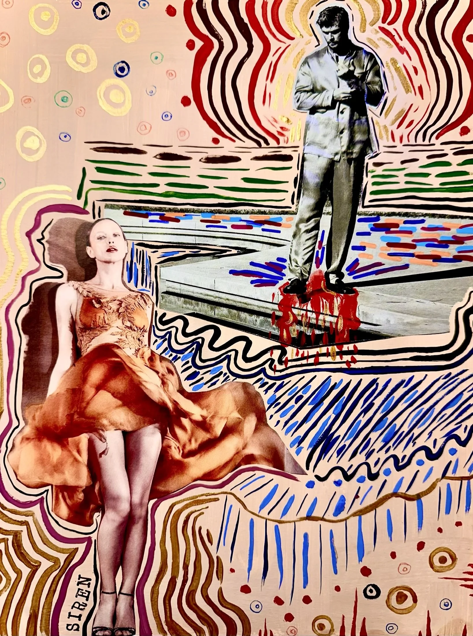 A collage combining a staged scene with animated, colorful, abstract background art. Features a woman in an orange dress sitting with her legs crossed and a man in a suit standing on a statue-like platform with red paint dripping from it.