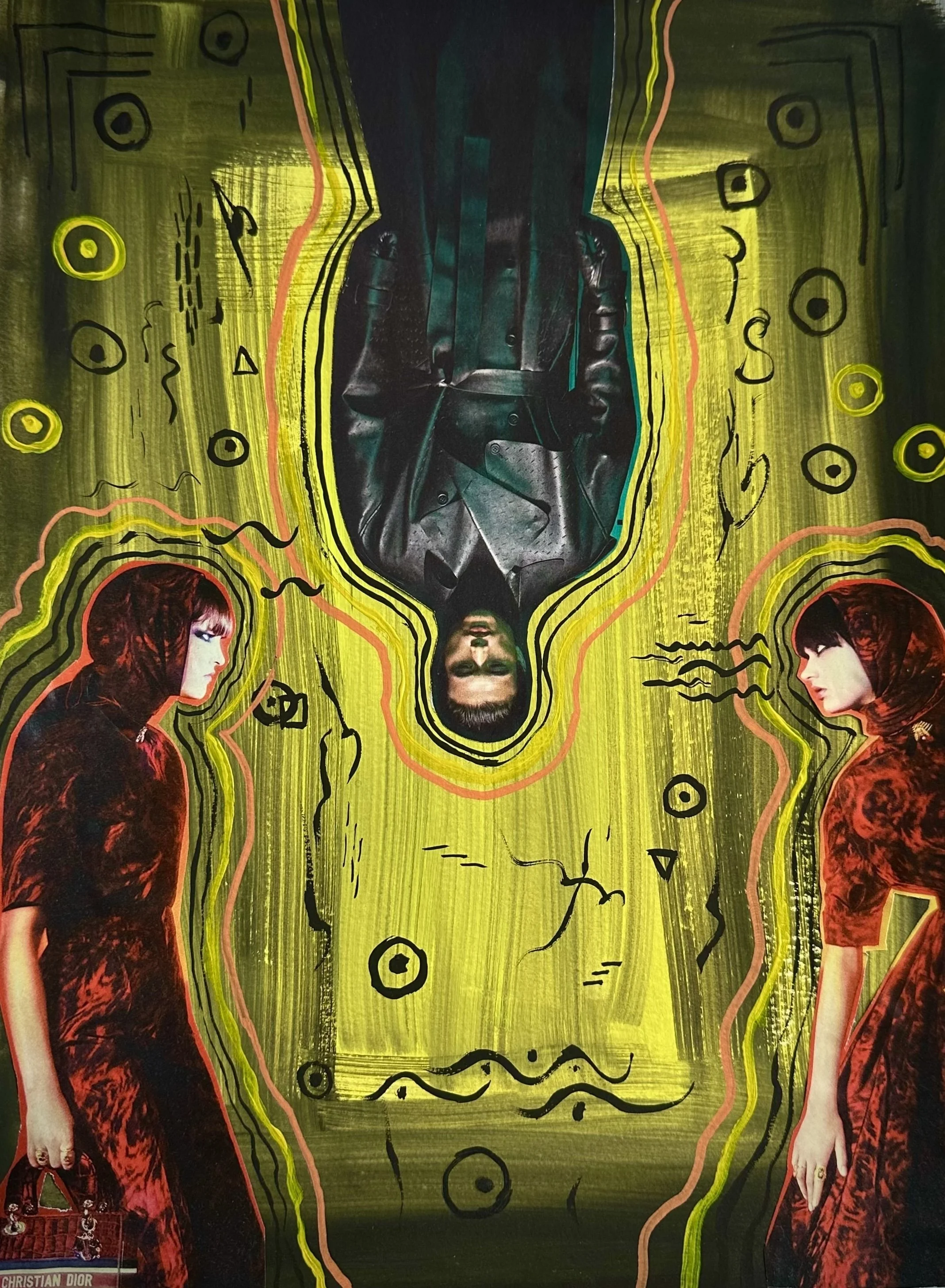 An artistic collage featuring two women in red dresses with black patterns, facing each other on opposite sides. In the center, an upside-down male figure dressed in black sits in a contemplative pose, surrounded by abstract yellow and black lines and shapes.