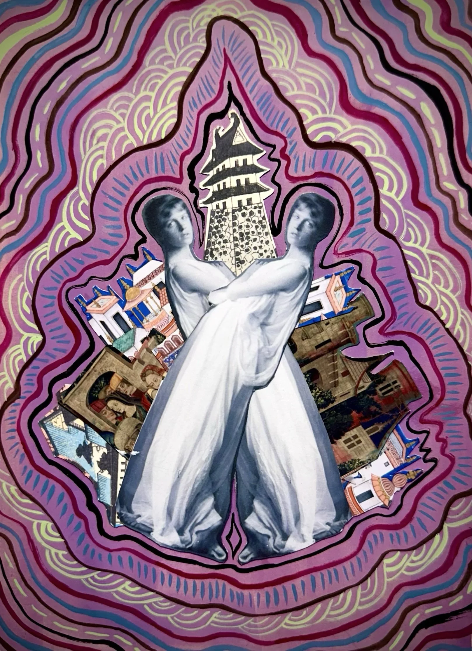 Collage artwork with a central figure of a woman in a white dress, surrounded by colorful lines and images of buildings, a pagoda, and artwork, with a stylized background of swirling pink, purple, and yellow patterns.
