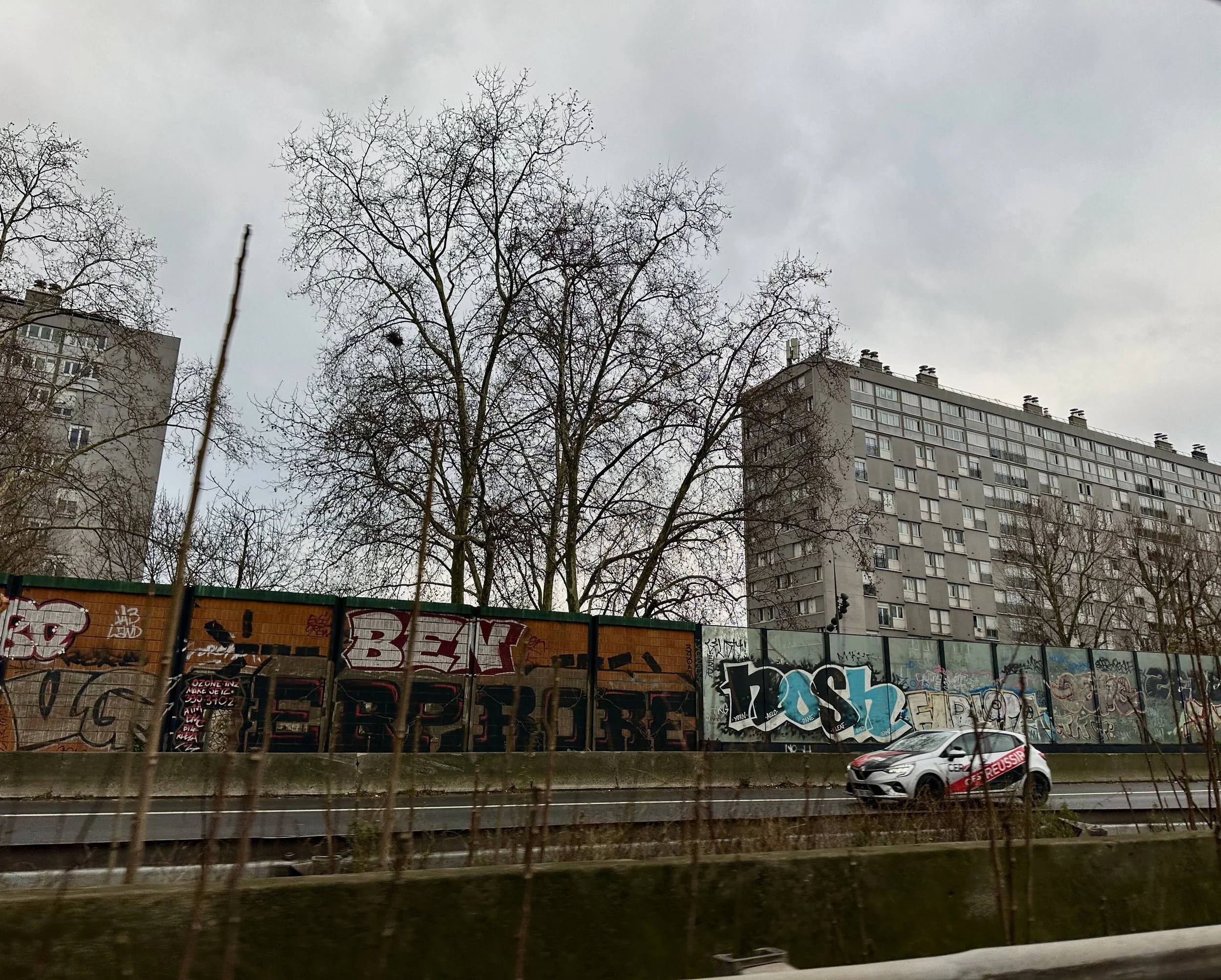 A city scene with graffiti-covered walls, leafless trees, a tall apartment building, and a white car driving on the road under an overcast sky.
