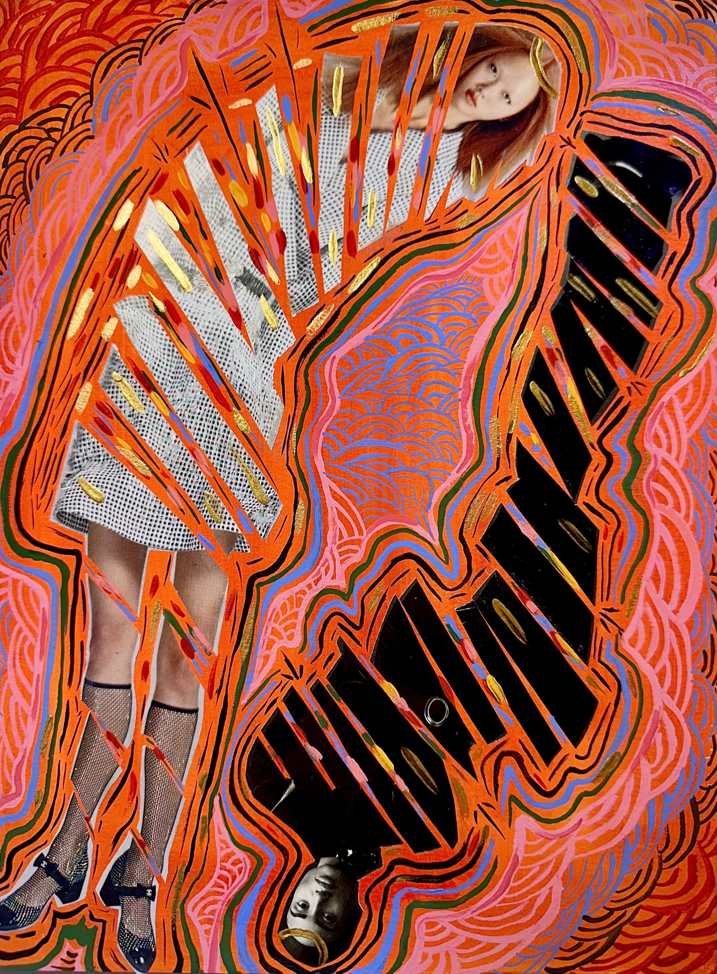 A woman in fishnet stockings and high heels, standing behind colorful abstract art with bold orange, red, green, pink, and black lines and patterns, partially obscuring her body and face.