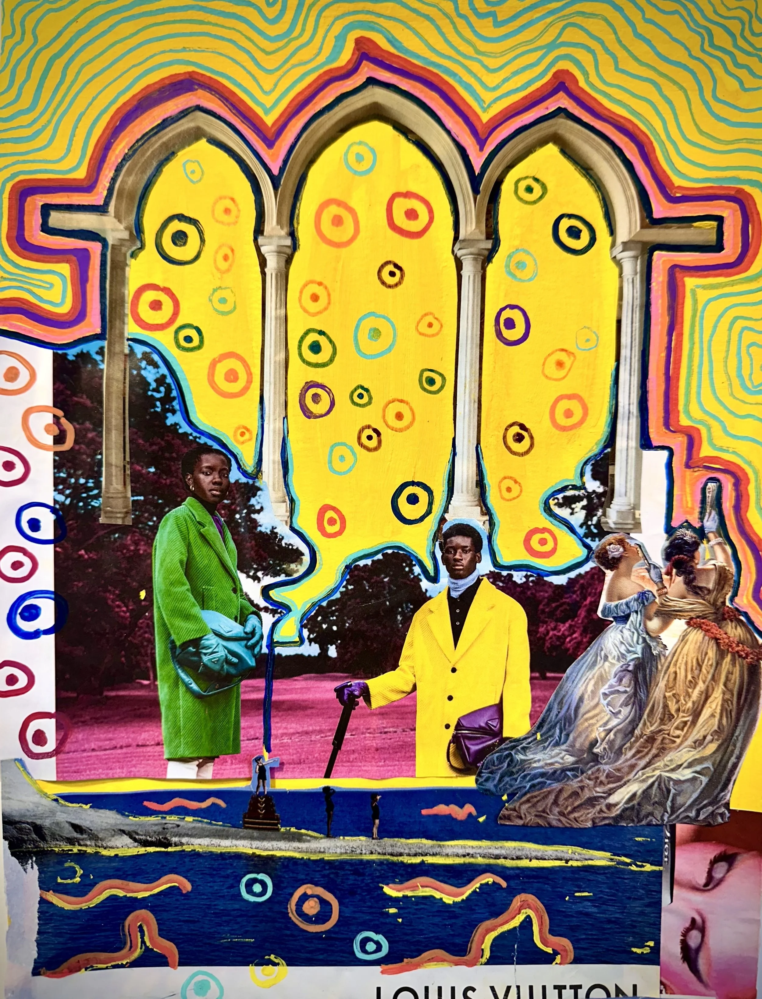 Mixed-media collage featuring two young men in colorful coats, a vintage portrait of two women in fancy dresses, and a background with arches, colorful circles, and swirling patterns.