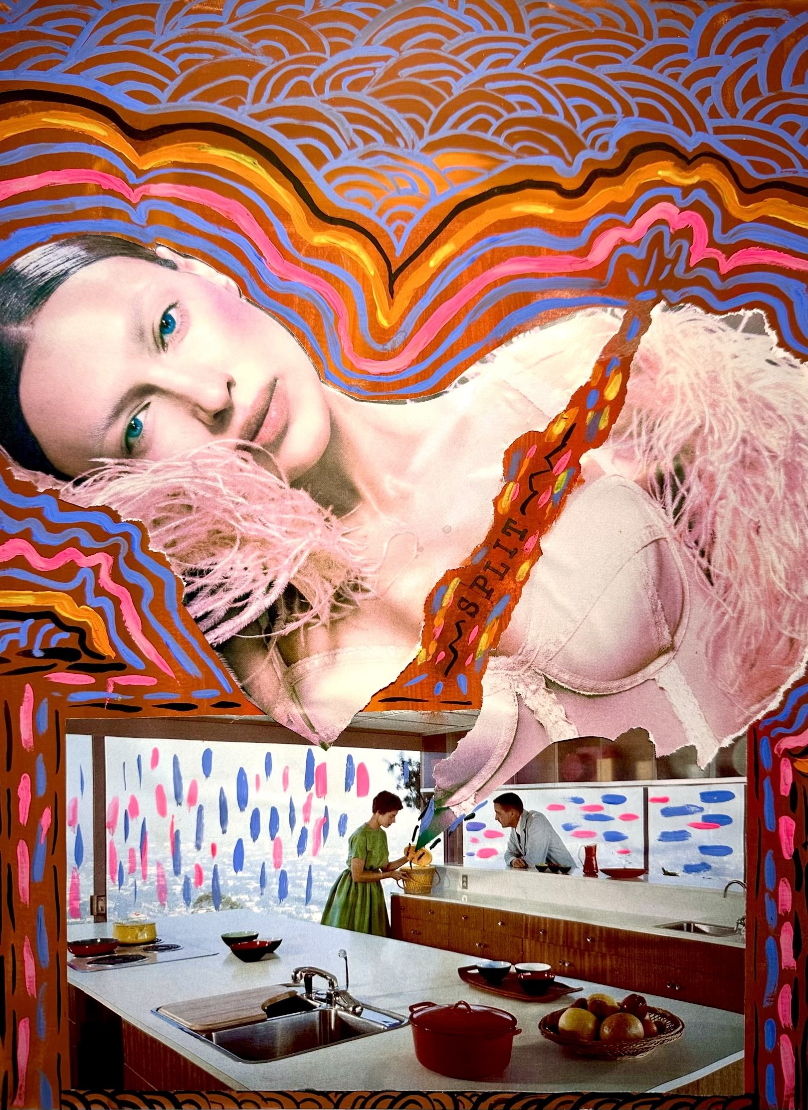 Large collage featuring a woman with light skin and long dark hair looking at the camera, surrounded by colorful, abstract wavy lines. The lower part depicts a kitchen scene with a woman in a green dress and a man at the counter, with colorful dots on the window behind them.