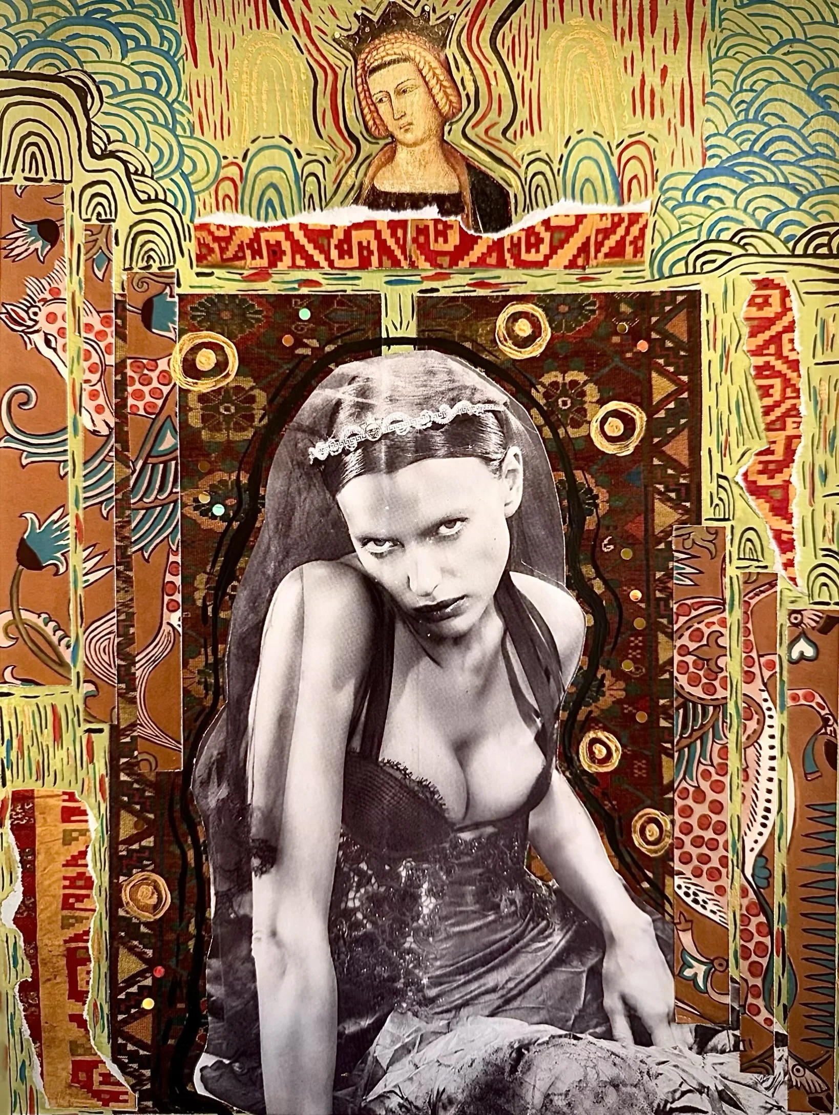 Collage featuring a black and white photo of a woman in lingerie, surrounded by colorful, ornate patterns and illustrations, including a portrait of a woman with a crown at the top.